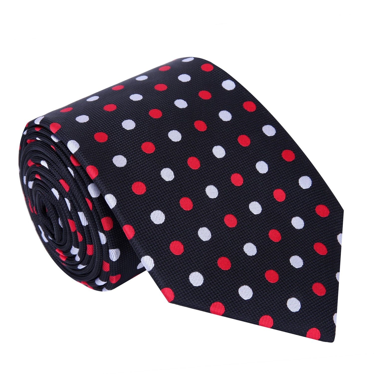 A Black, White, Red Polka Dot Pattern Silk Necktie 
