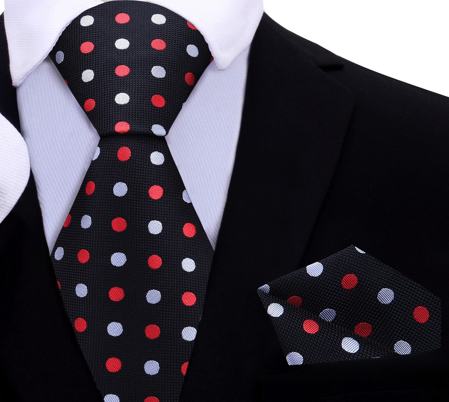 A Black, White, Red Polka Dot Pattern Silk Necktie, Pocket Square