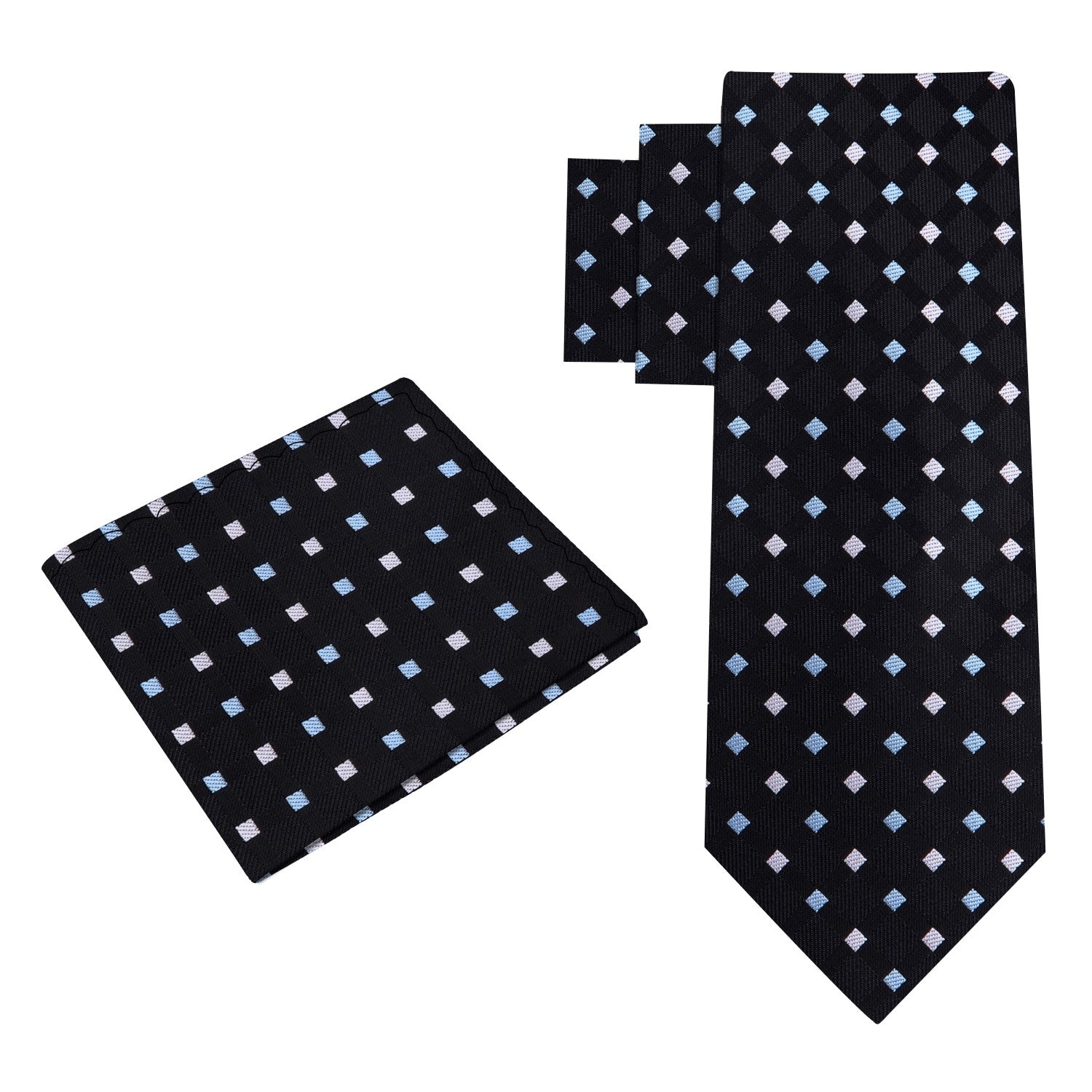View 2: A Black, Light Blue, Light Grey Color Geometric Diamond Pattern Silk Tie, Pocket Square