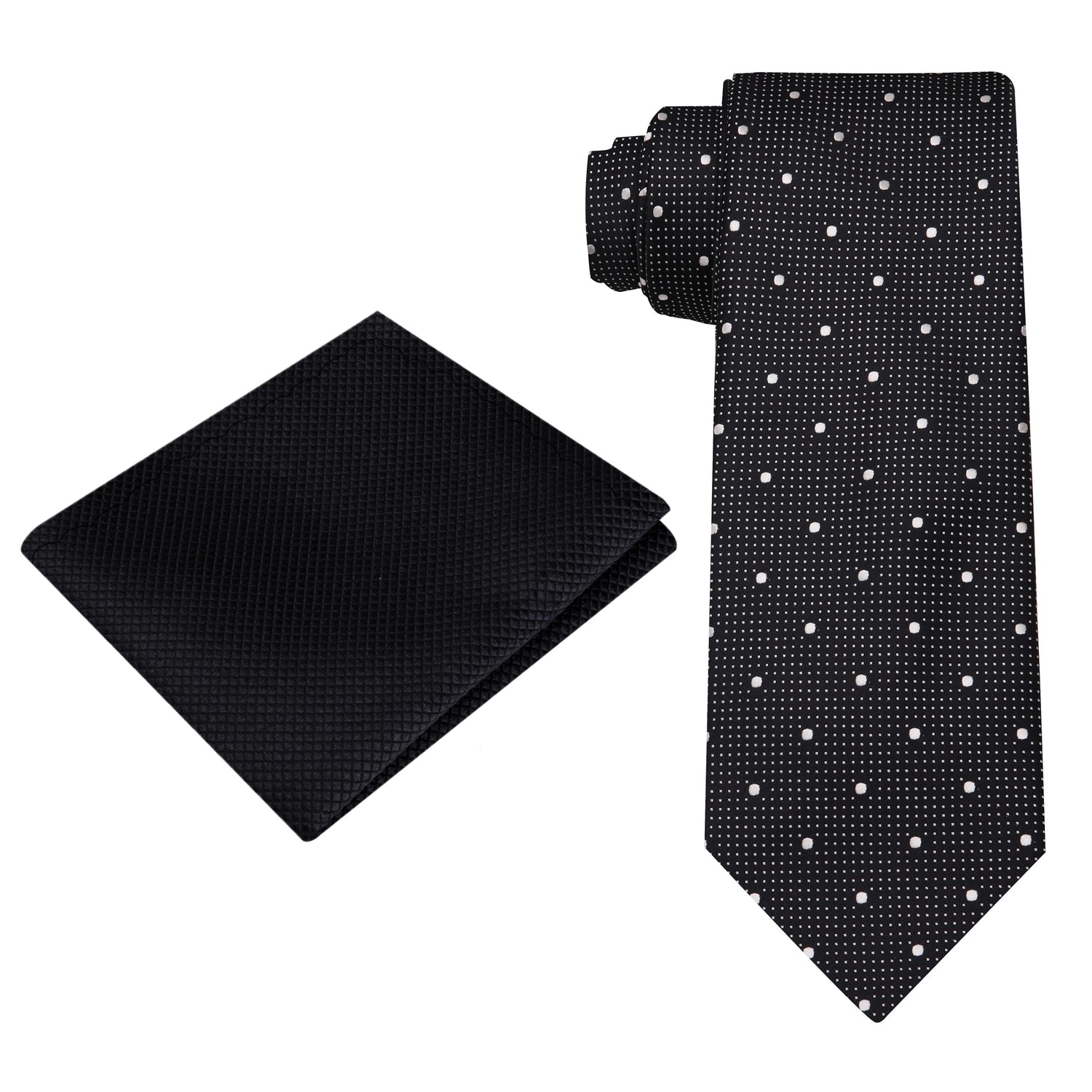 Alt View: Black, White Polka Tie and Black Pocket Square
