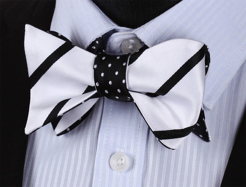 White, Black Stripes and Dots Bow Tie