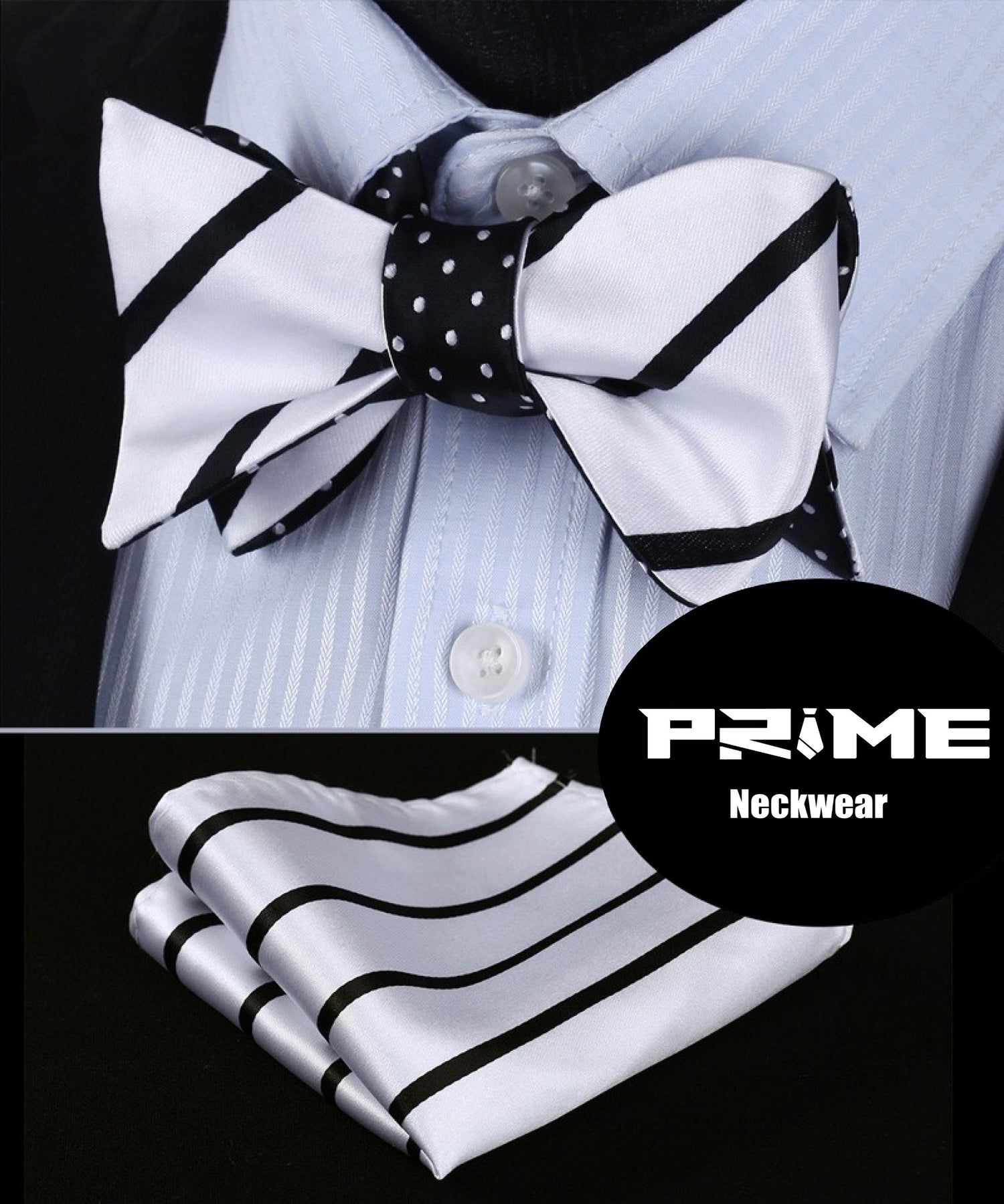 White, Black Stripes and Dots Bow Tie and Square