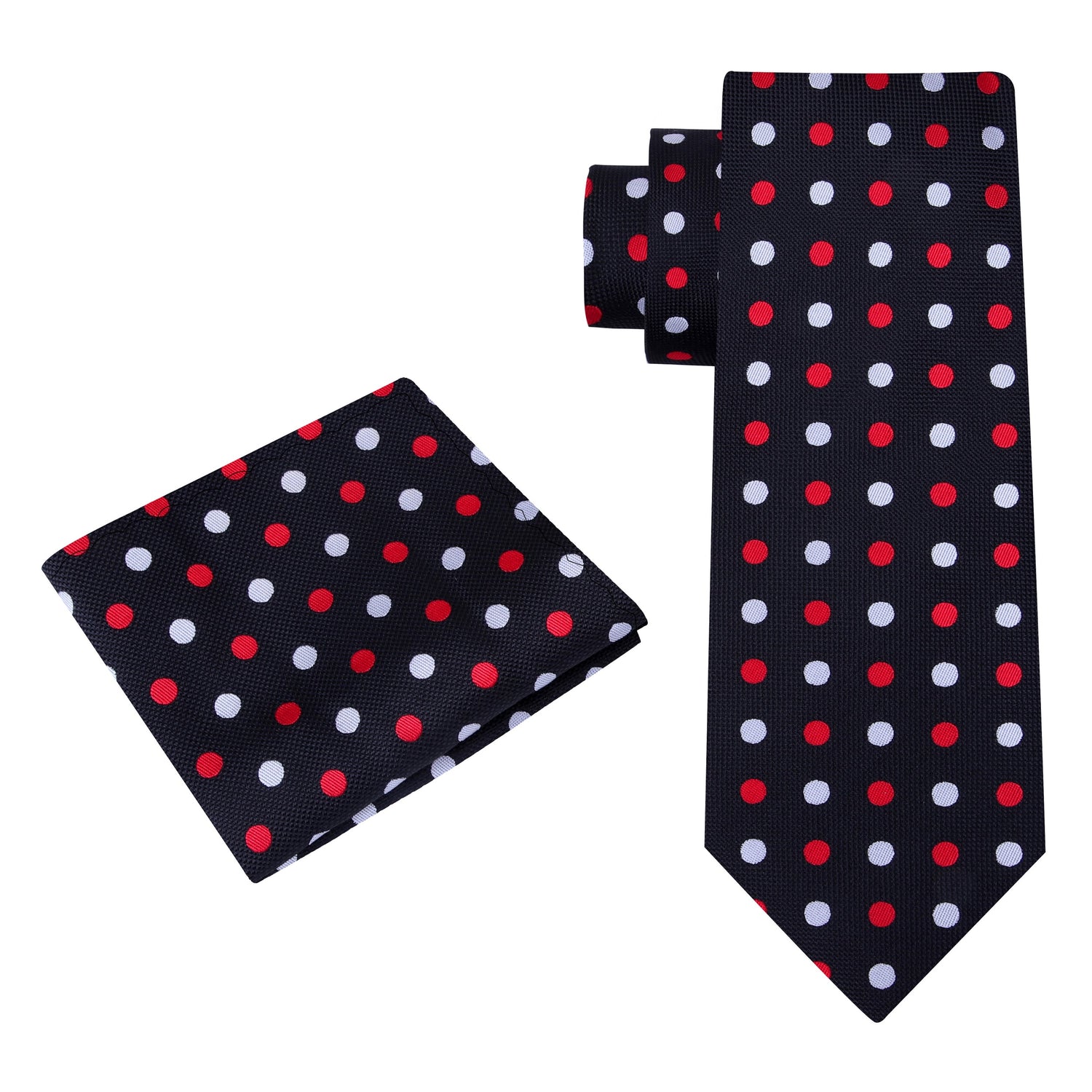 Alt View: A Black, White, Red Polka Dot Pattern Silk Necktie, Pocket Square