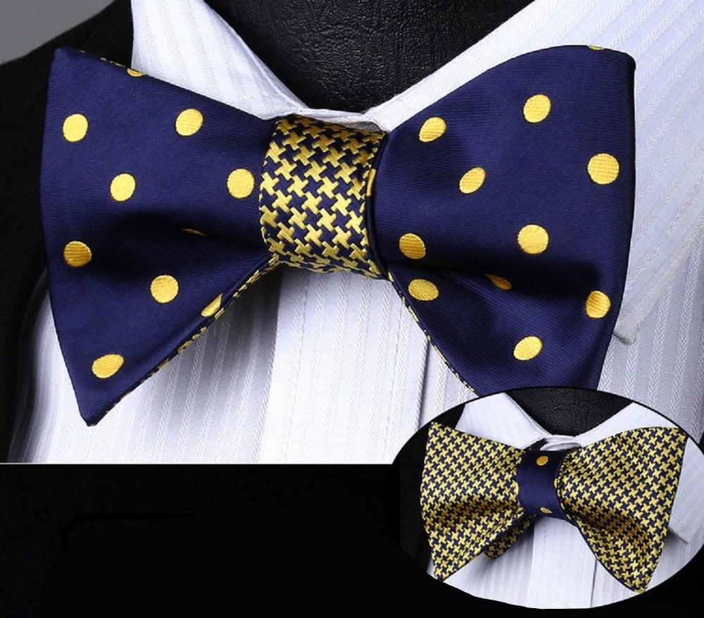 A Gold, Blue Hounds tooth and Polka Pattern Silk Self Tie Bow Tie