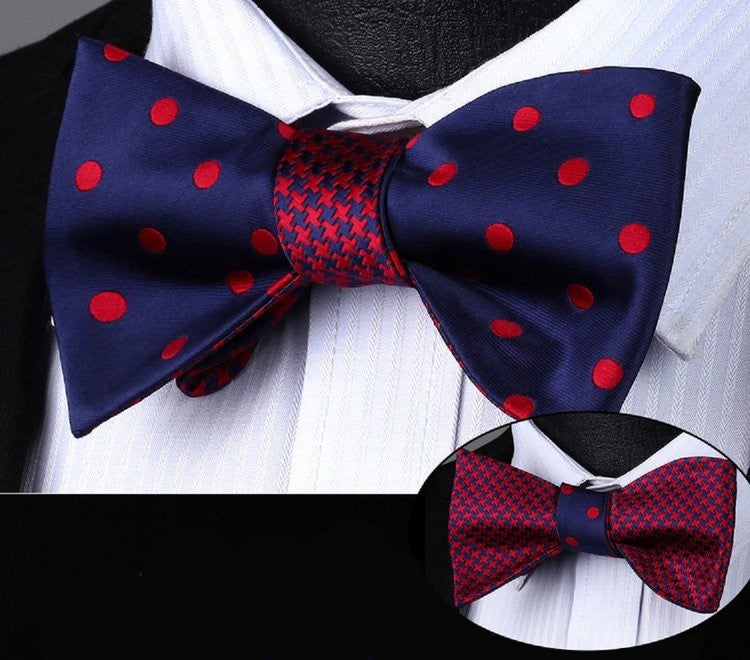 A Blue, Red Hounds tooth and Polka Pattern Silk Self Tie Bow Tie