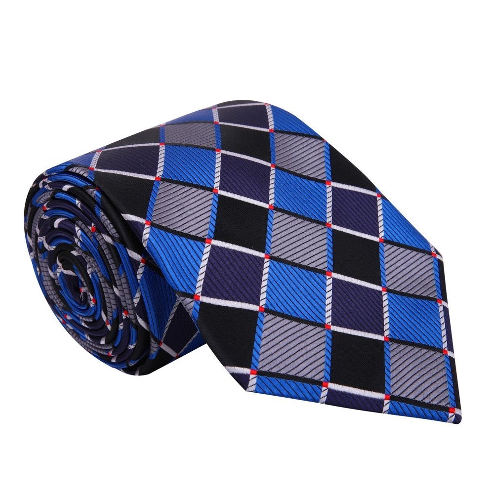 A Grey, Black, Blue Geometric Check Pattern Necktie  