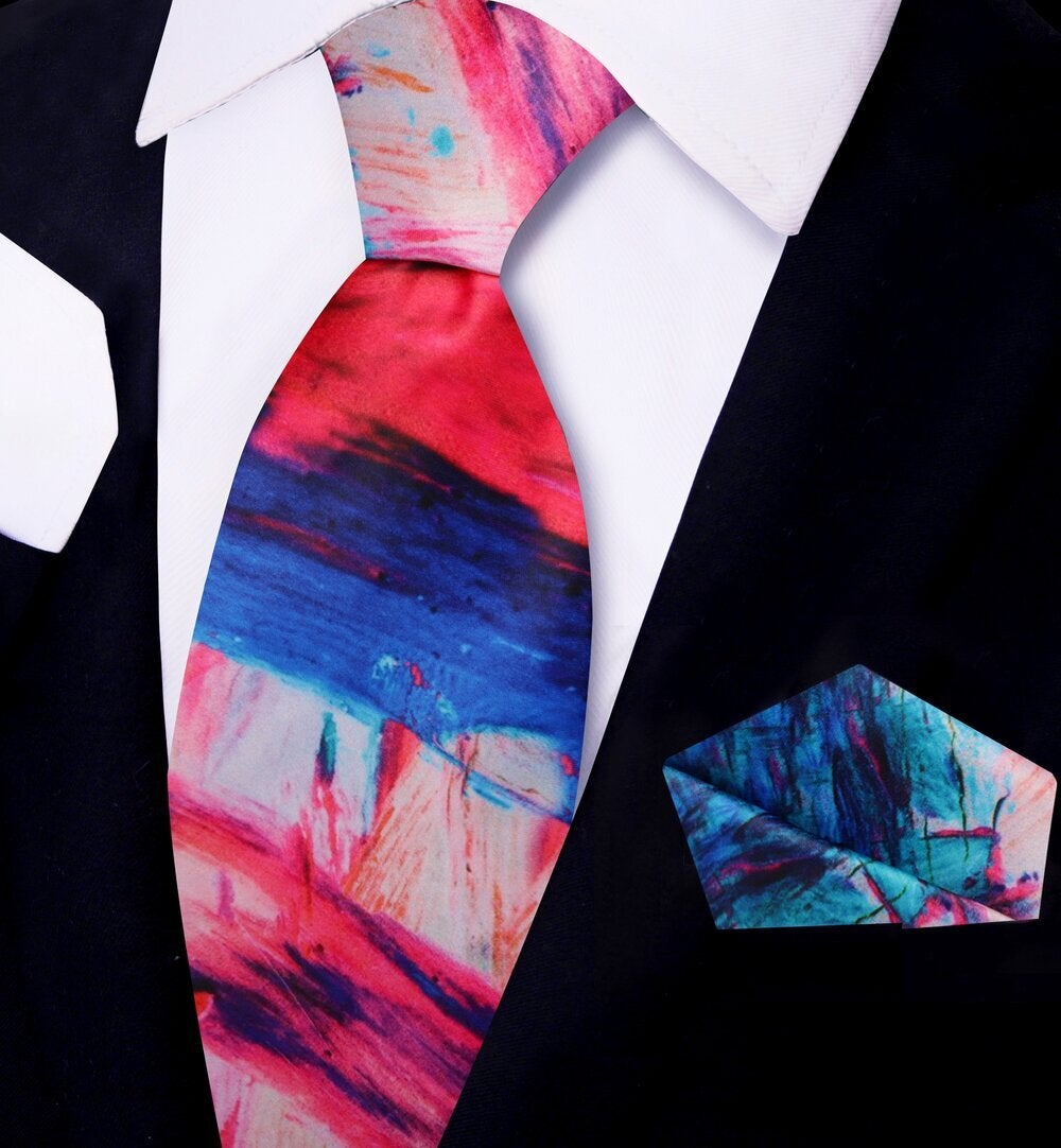 Red, Blue, Pink Abstract Watercolor Tie and Pocket Square