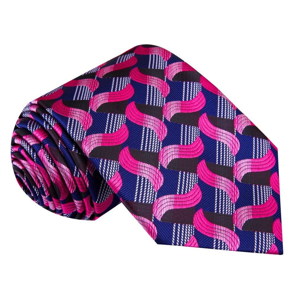 A Blue, Dark Blue, Pink Abstract Wavy Lines Pattern Silk Necktie