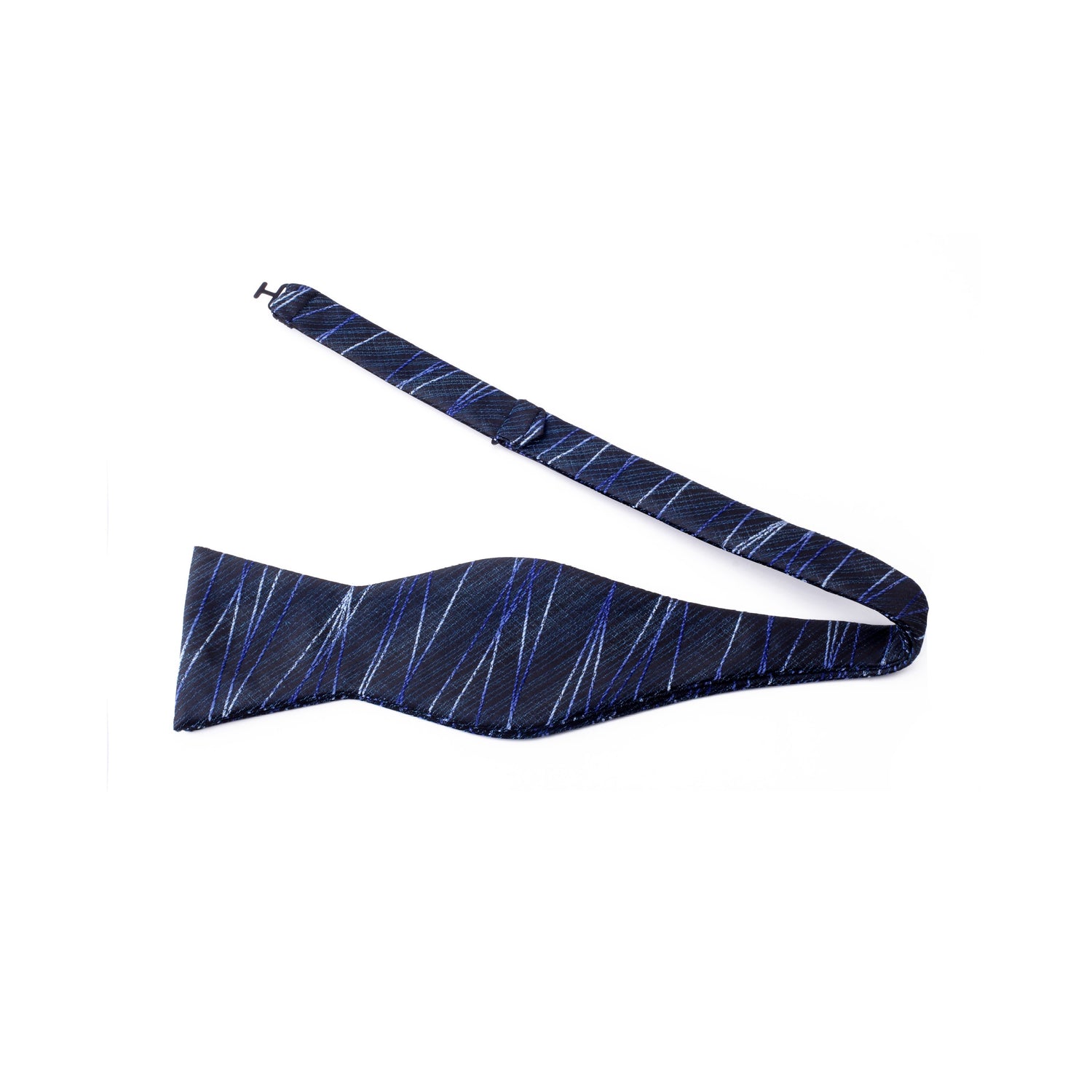 A Blue, Black 3D Intersecting Abstract Lines Pattern Silk Self Tie Bow Tie Untied