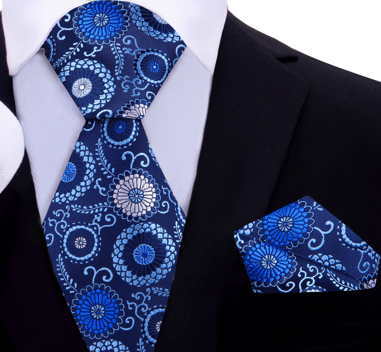 A Dark Blue, Grey Circular Abstract Pattern Silk Necktie, Matching Pocket Square