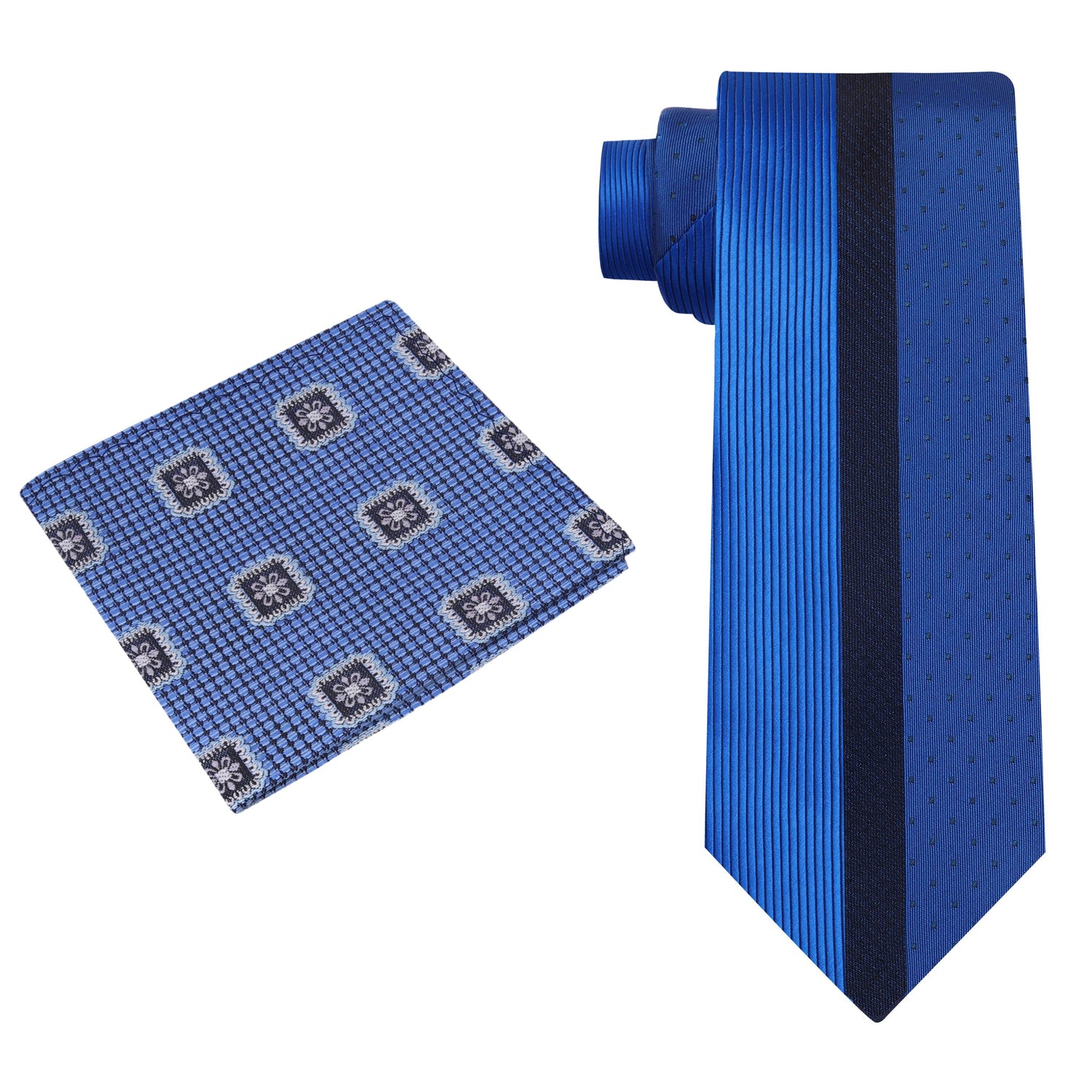 Alt View: Blue Silk Tie and Accenting Light Blue Geometric Square