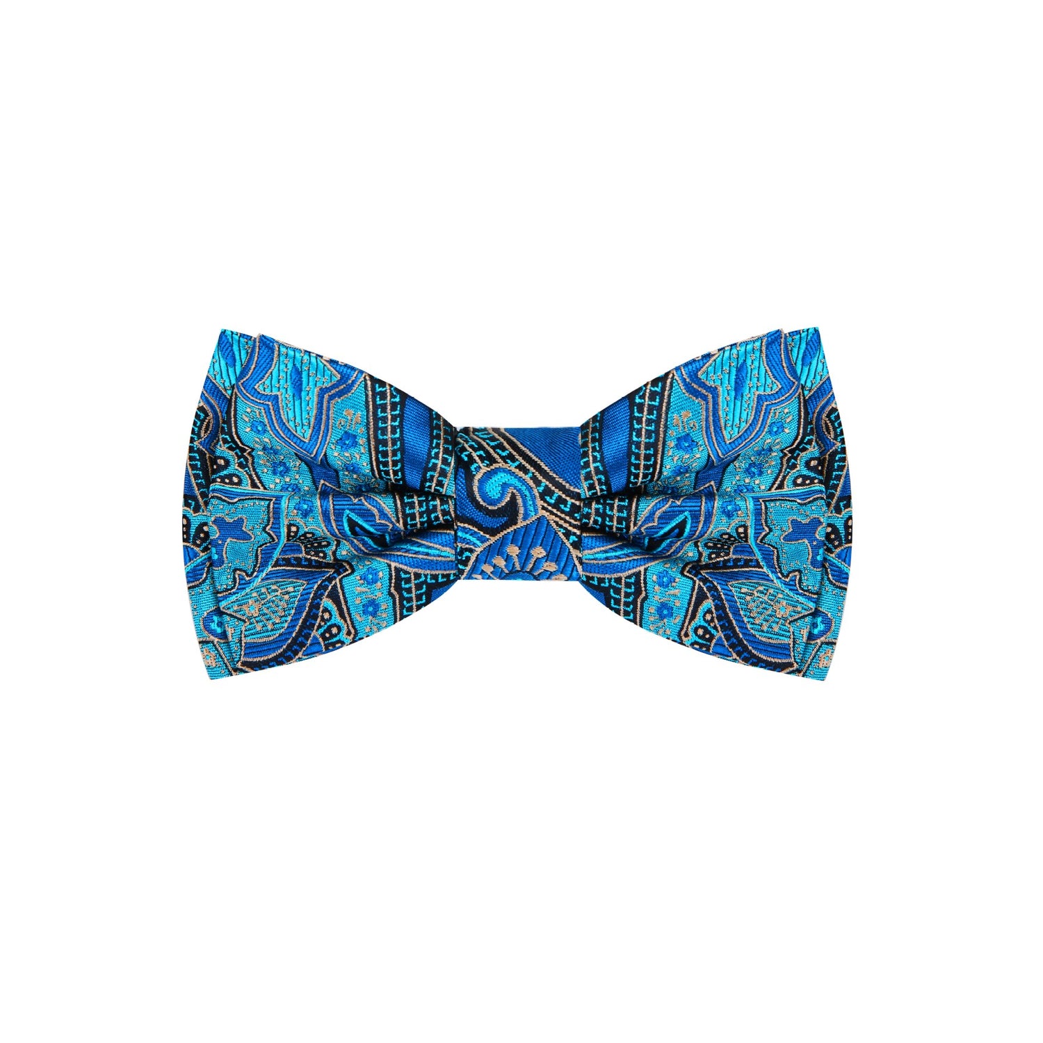 A Teal Blue, Black Abstract Floral Pattern Silk Bow Tie 