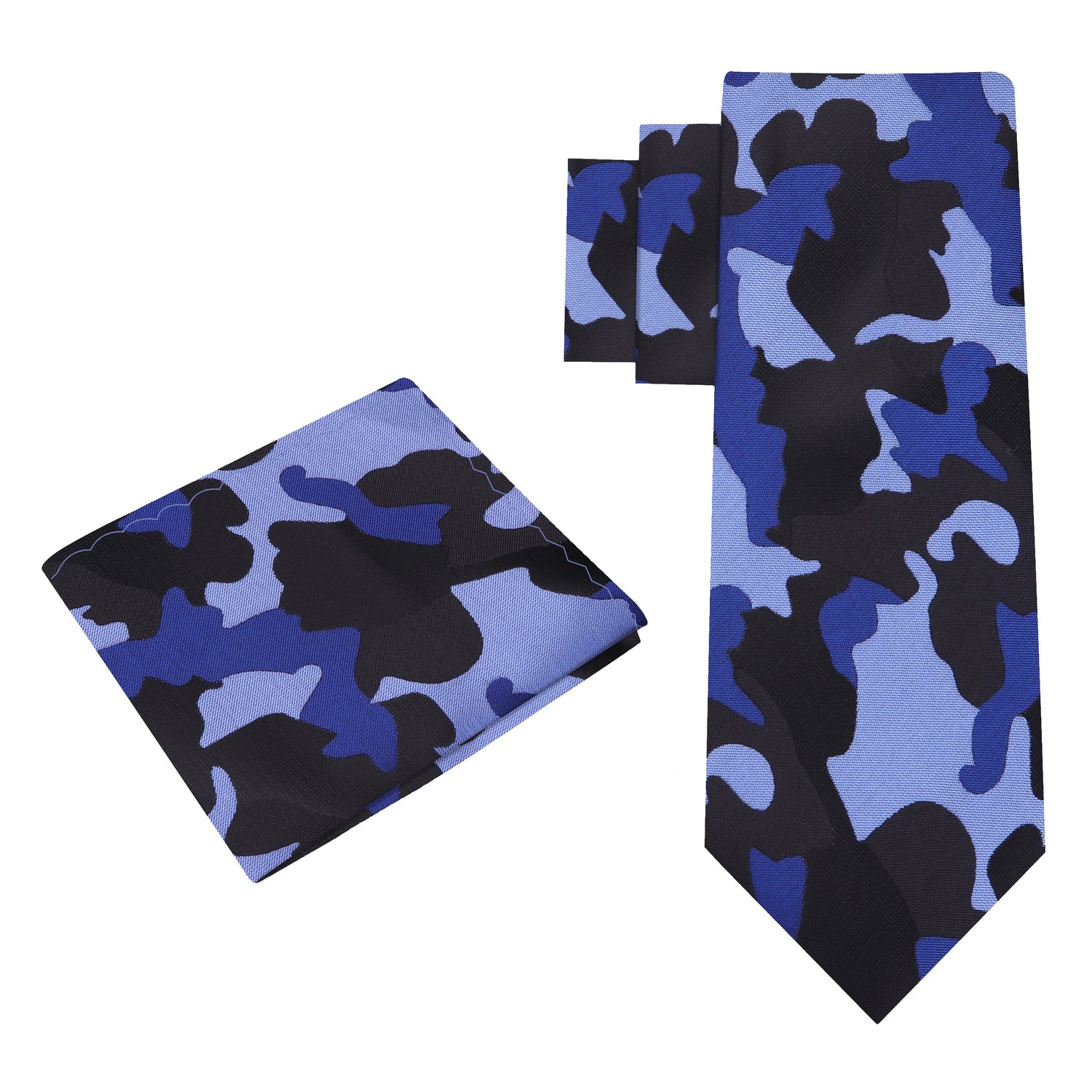 Alt View: A Blue, Dark Blue, Black Color Camouflage Fleck Pattern Silk Necktie, Matching Pocket Square