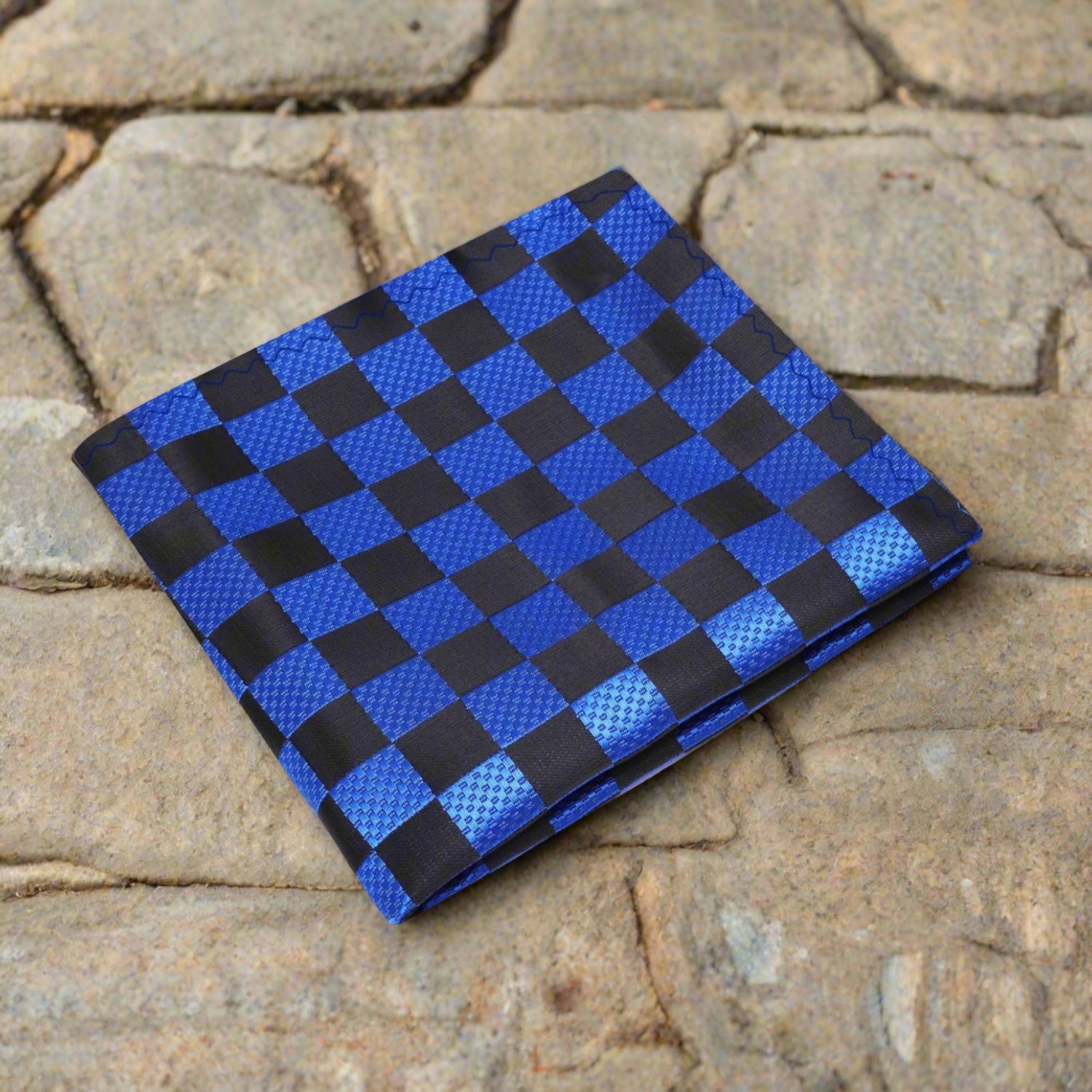 A Blue, Black Geometric Squares Pattern Silk Pocket Square