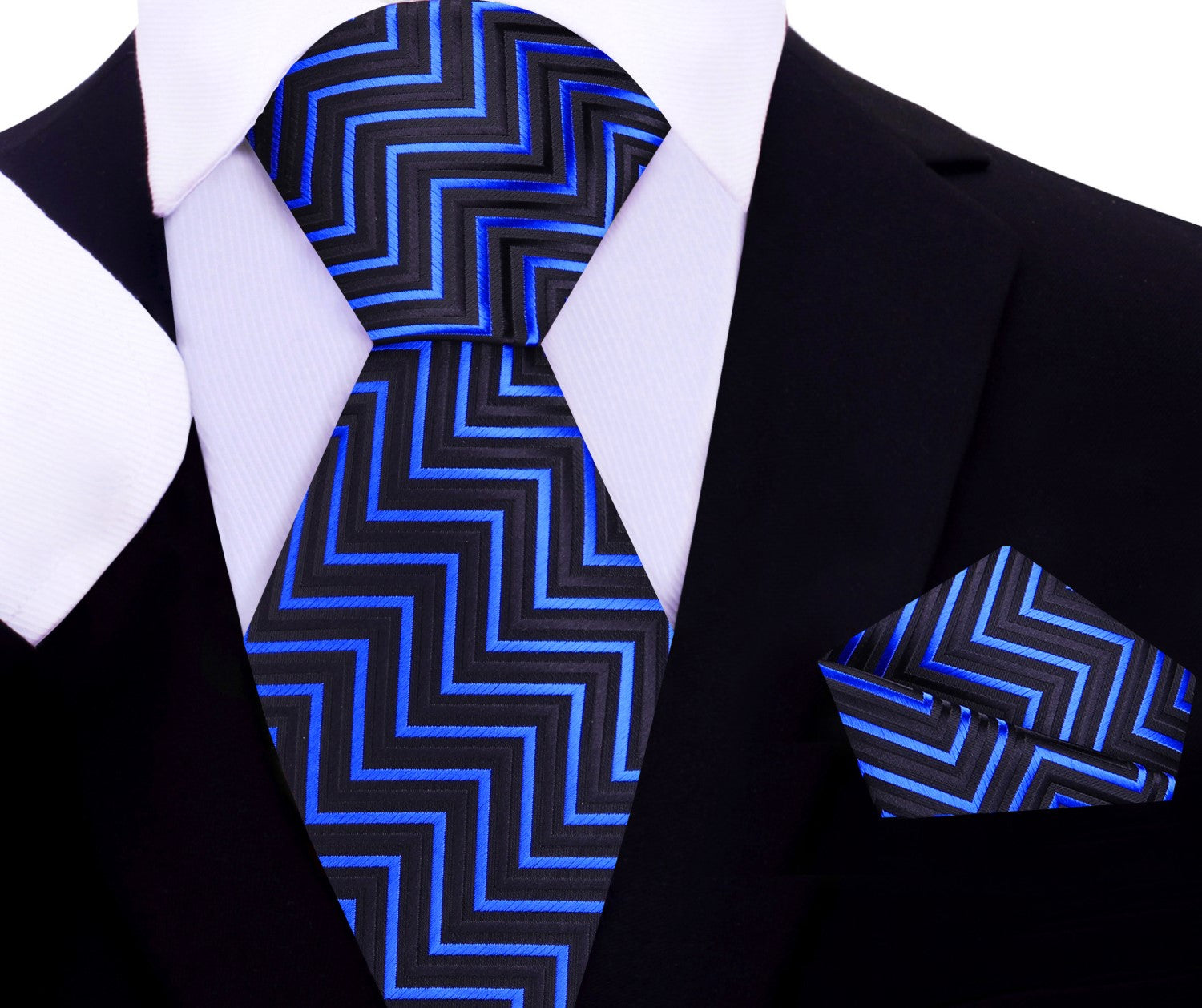 A Blue, Black Geometric Pattern Silk Necktie With Matching Pocket Square