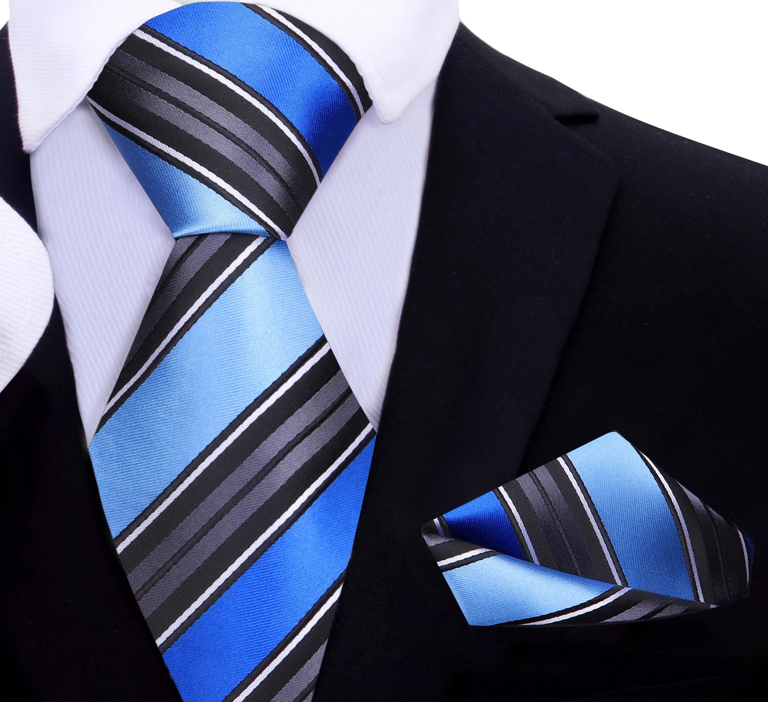 A Blue, Black, Grey Stripe Pattern Silk Necktie, Matching Pocket Square