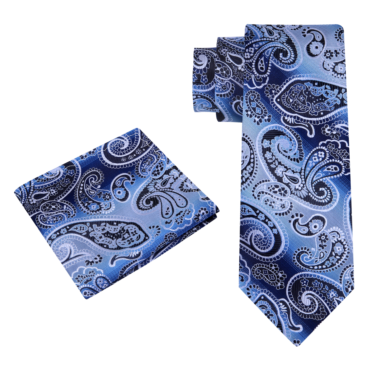 View 2: A Blue, Black, Grey Paisley Pattern Silk Necktie, Matching Pocket Square