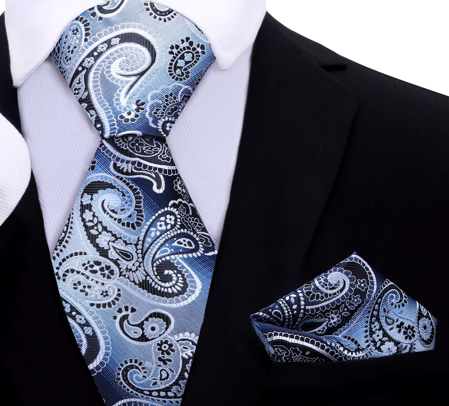 A Blue, Black, Grey Paisley Pattern Silk Necktie, Matching Pocket Square