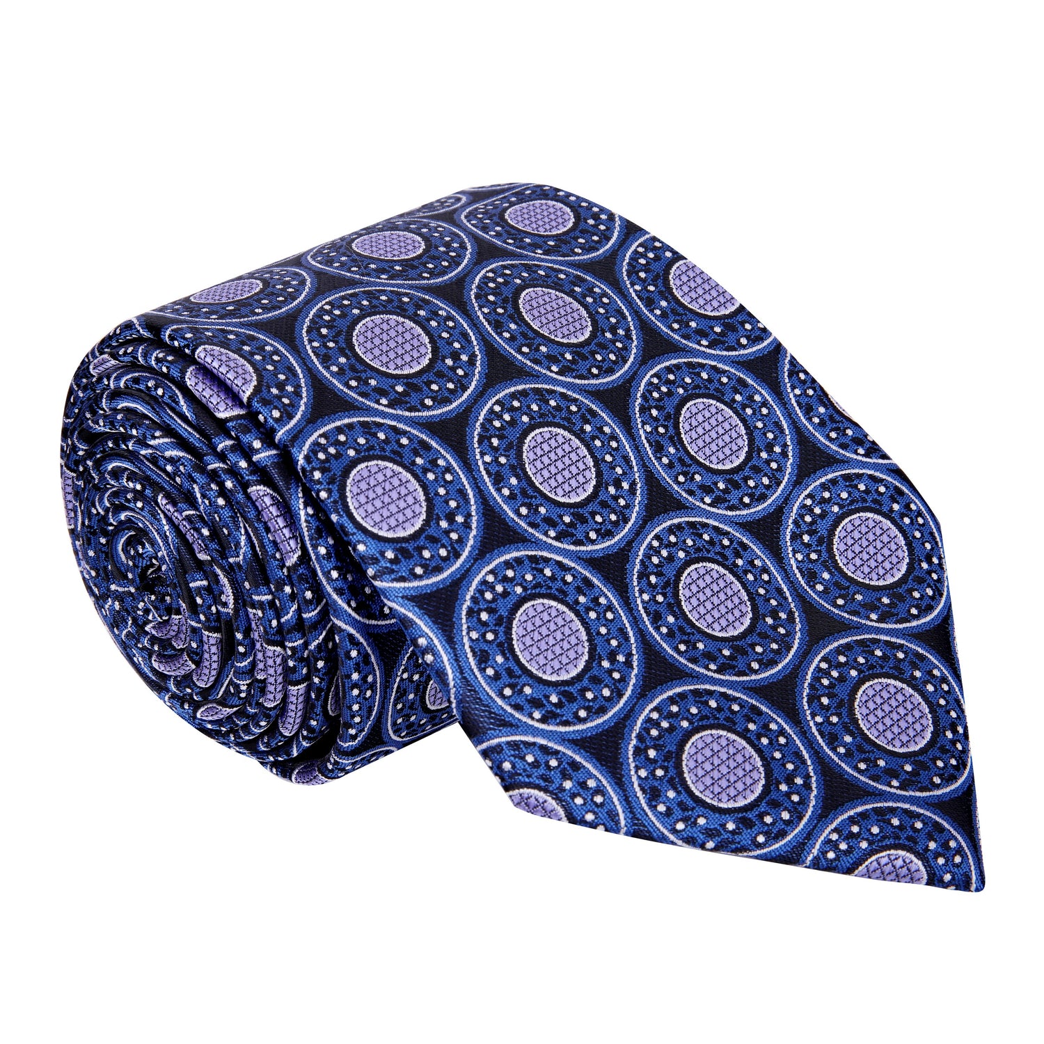A Dark Blue, Purple Abstract Circular Pattern Silk Necktie 
