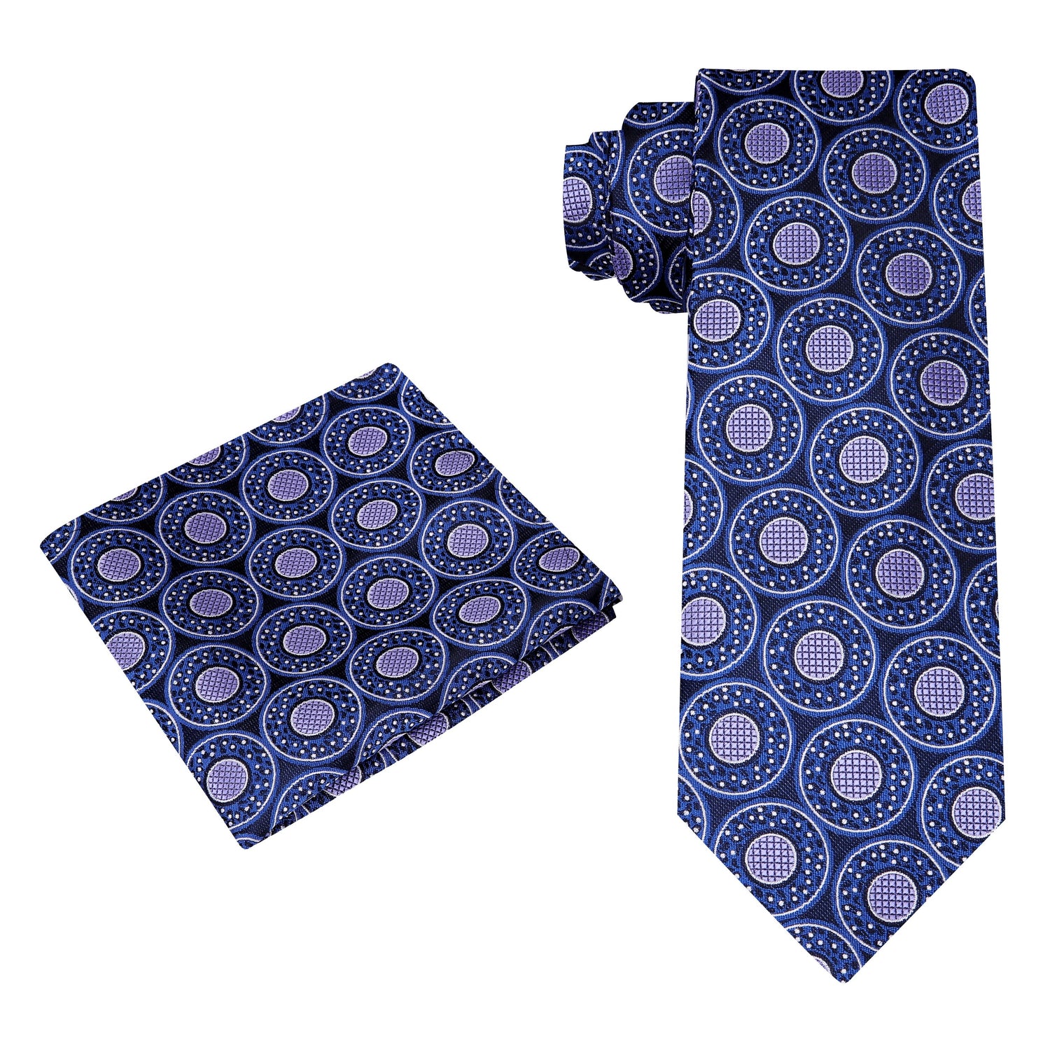 Alt View: A Dark Blue, Purple Abstract Circular Pattern Silk Necktie, Matching Pocket Square