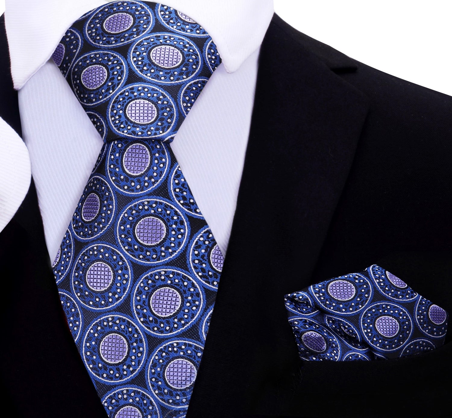 A Dark Blue, Purple Abstract Circular Pattern Silk Necktie, Matching Pocket Square