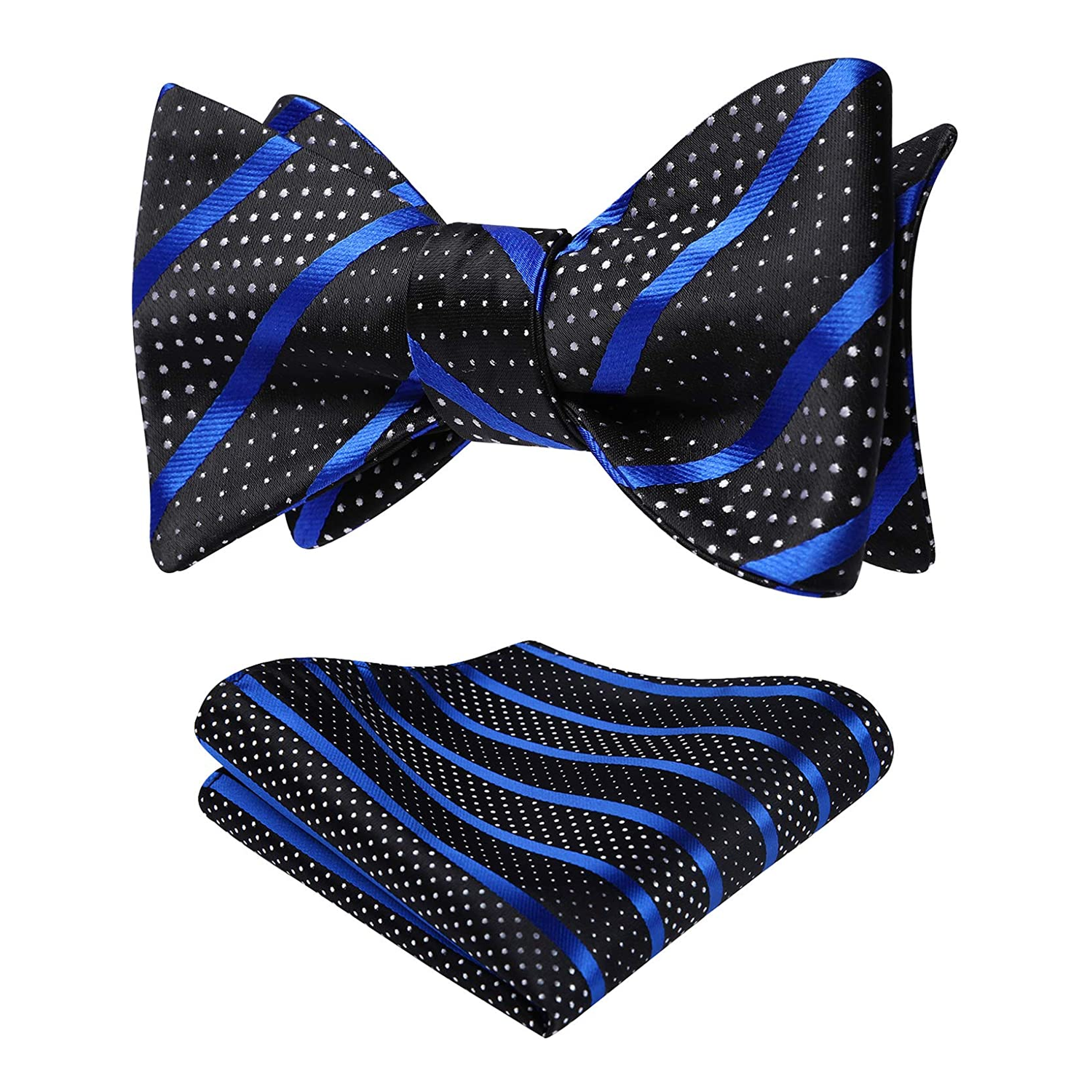 Main View: A Black, Black, White Polka and Stripe Pattern Silk Self Tie Bow Tie, Matching Pocket Square