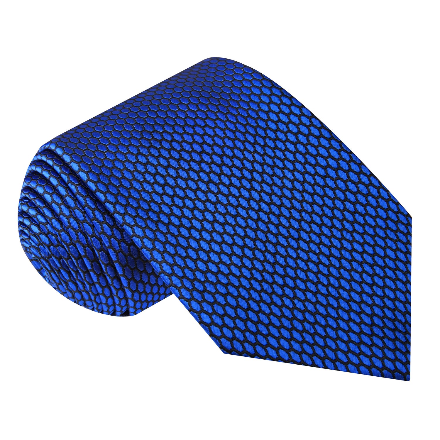 A Dark Blue, Black Geometric Oval Shaped Pattern Silk Necktie 