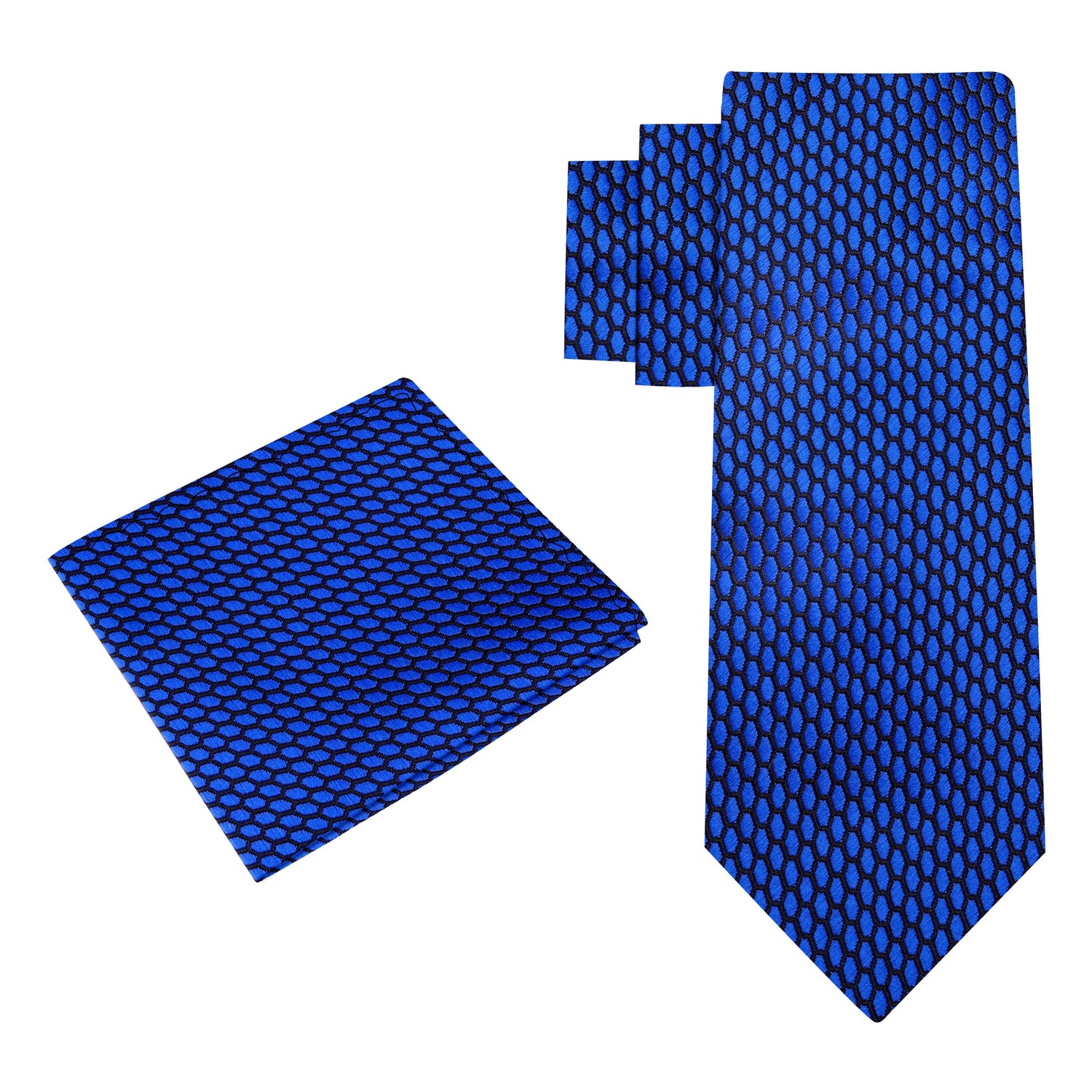 Alt View: A Dark Blue, Black Geometric Oval Shaped Pattern Silk Necktie, Matching Pocket Square