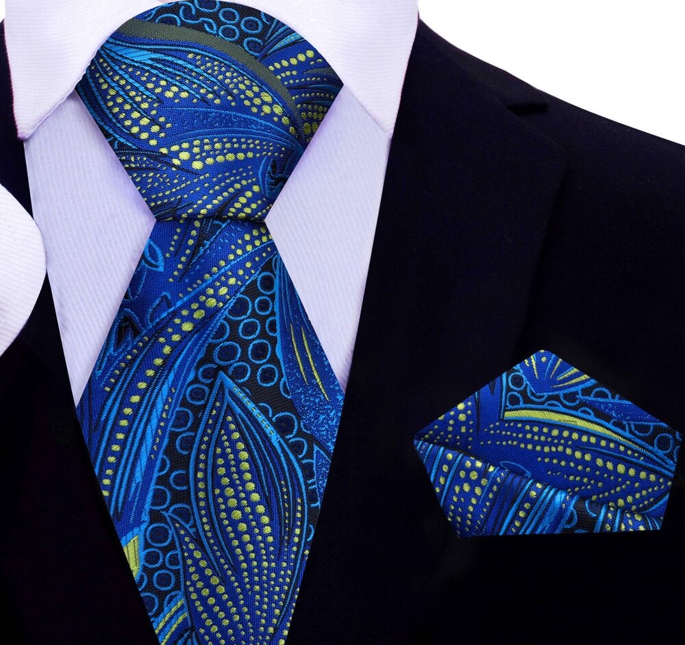 Blue, Yellow Abstract Tie and Pocket Square