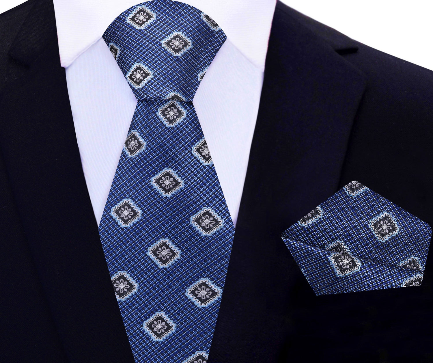 Blue Geometric Medallion Tie and Pocket Square