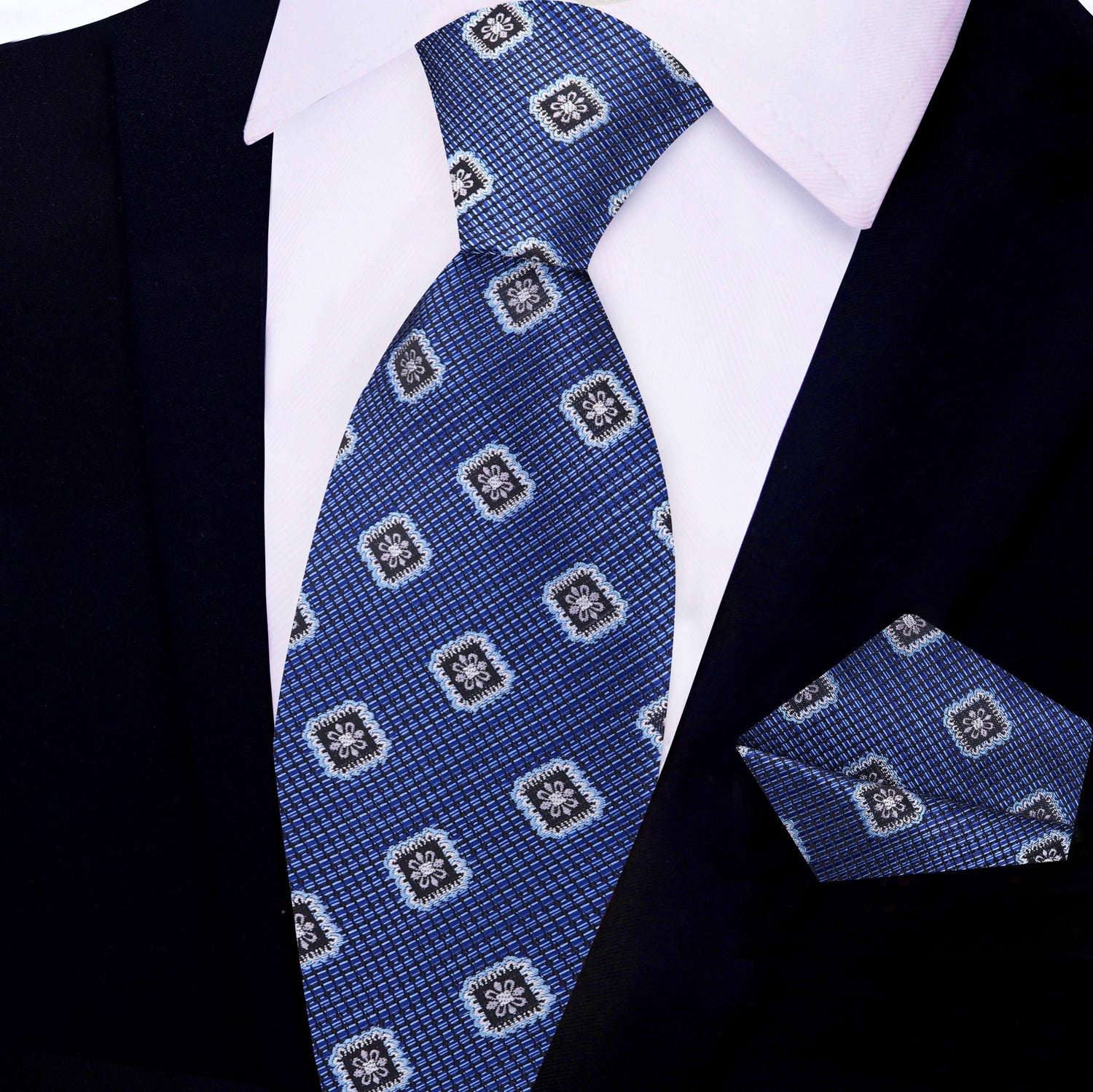 View 2: Blue Geometric Medallion Tie and Pocket Square