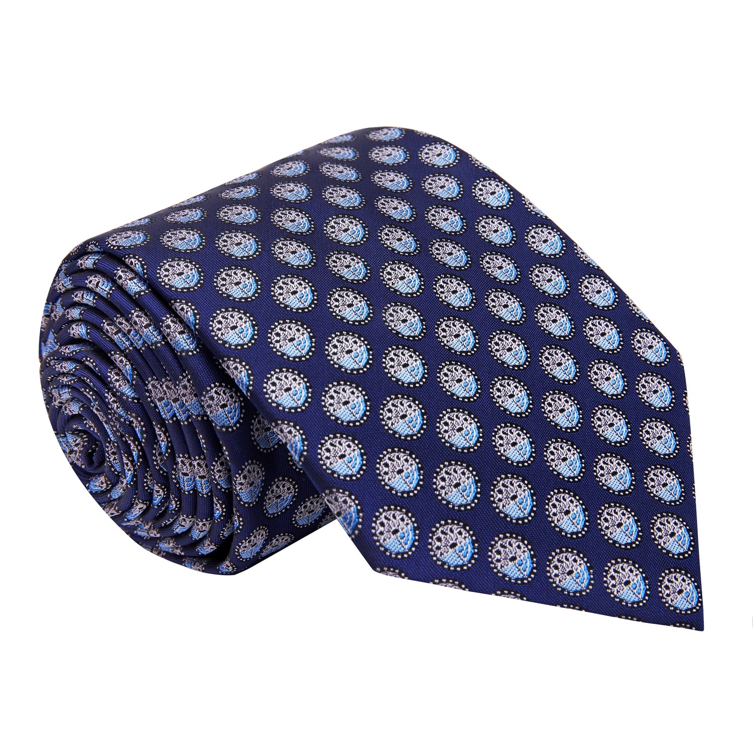 A Dark Blue, Light Blue Geometric Circles Pattern Silk Necktie 