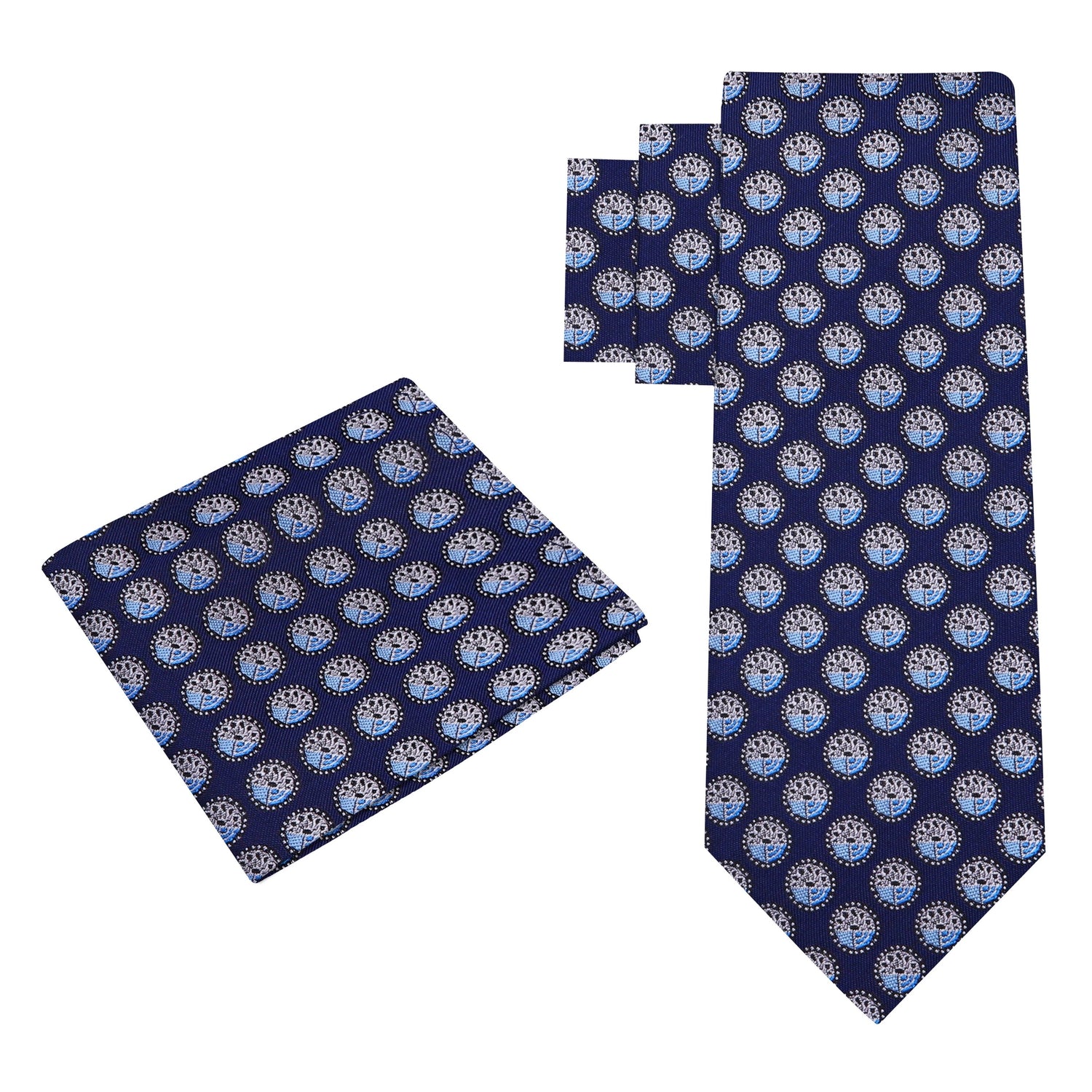 Alt View: A Dark Blue, Light Blue Geometric Circles Pattern Silk Necktie, Matching Pocket Square