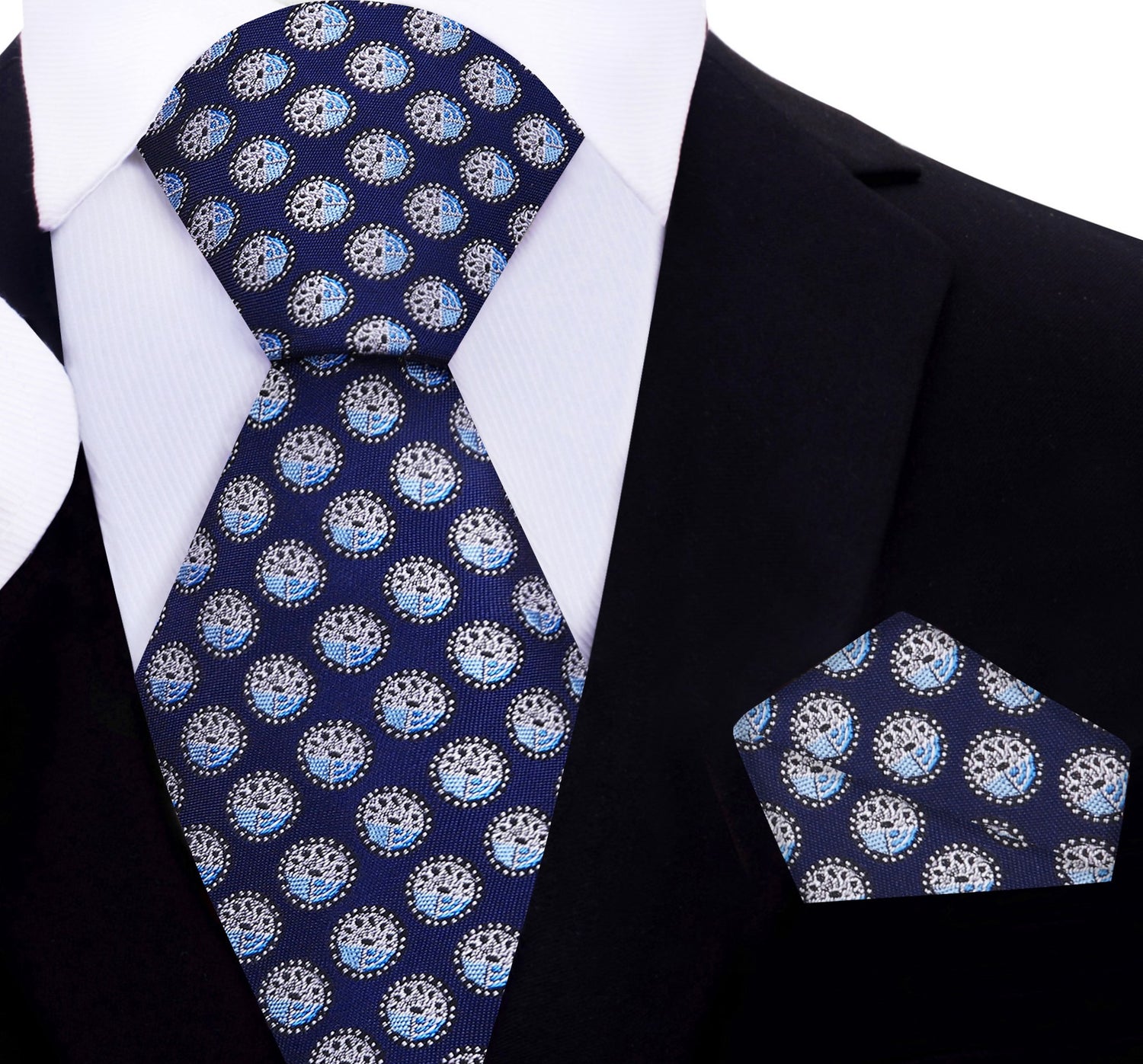 A Dark Blue, Light Blue Geometric Circles Pattern Silk Necktie, Matching Pocket Square