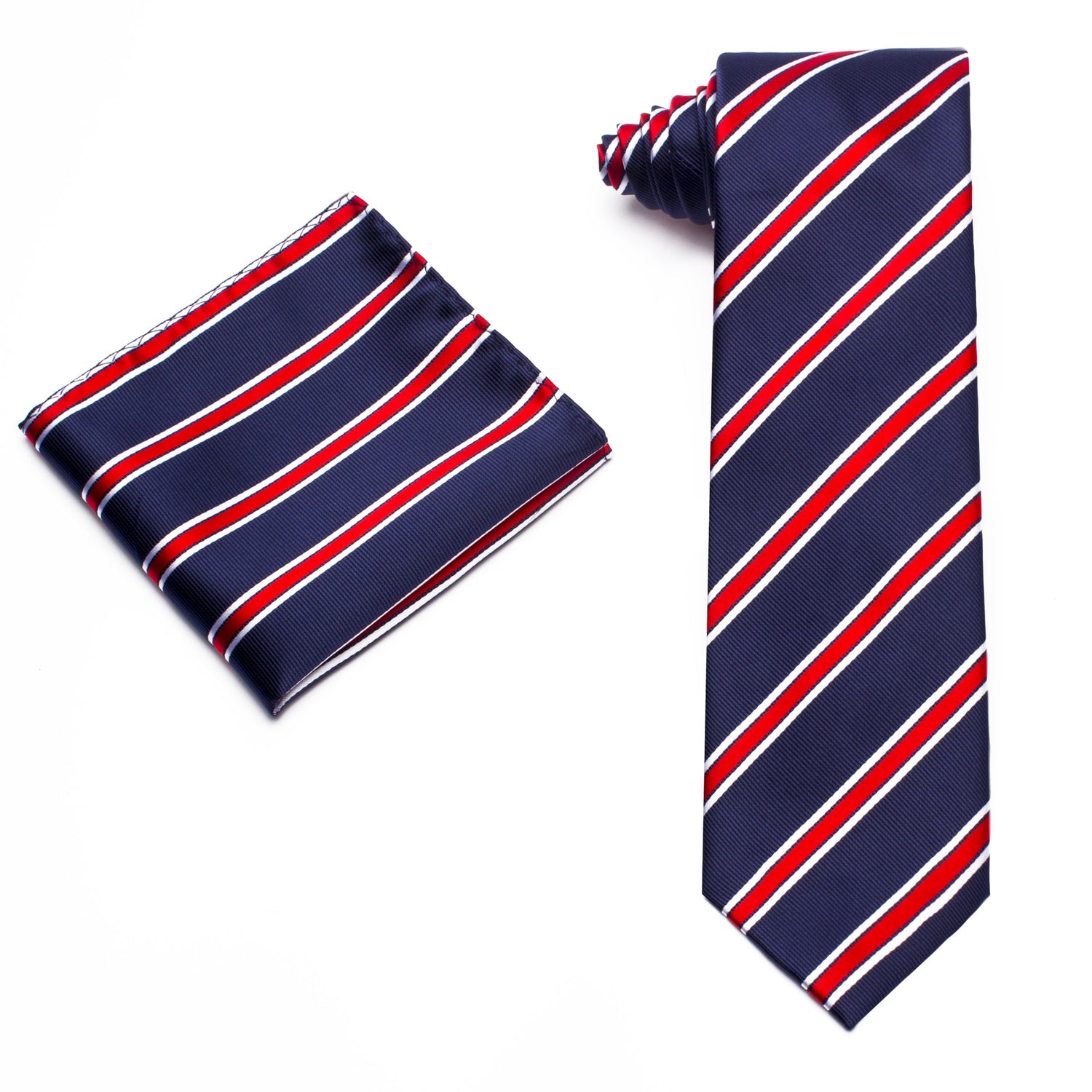Alt View: A Dark Blue, Red, White Stripe Pattern Silk Necktie, Pocket Square