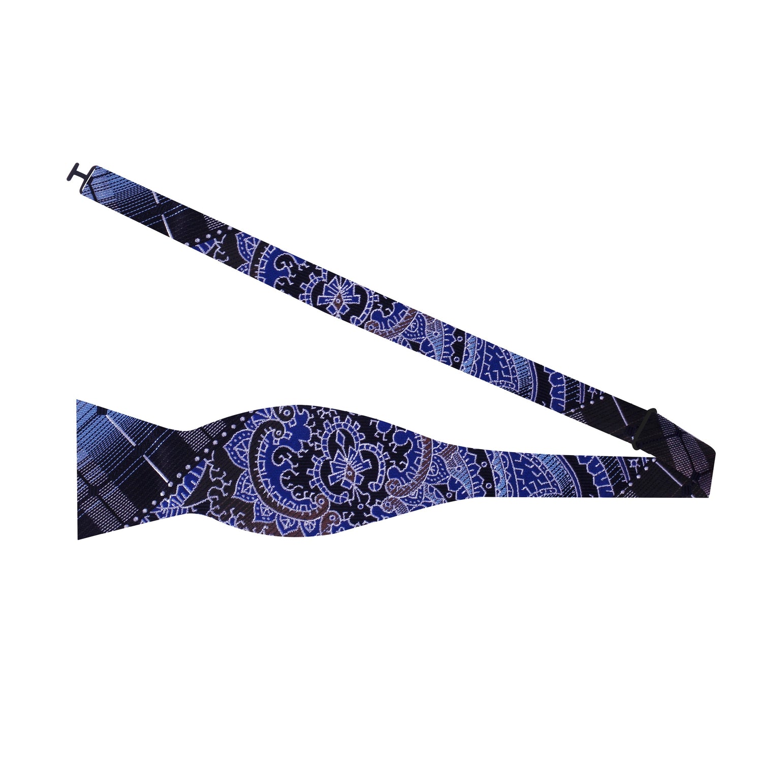 Untied View: Blue, Brown Geometric Paisley Pattern Silk Self Tie Bow Tie