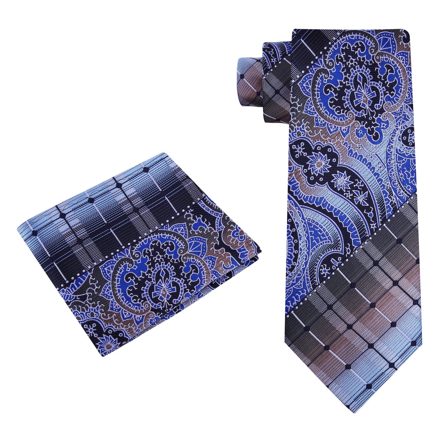 Alt View: Brown, Blue Paisley Silk Necktie and Pocket Square