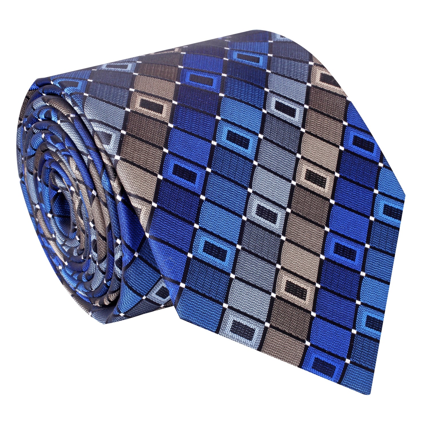 A Blue, Grey Geometric Pattern Silk Necktie 