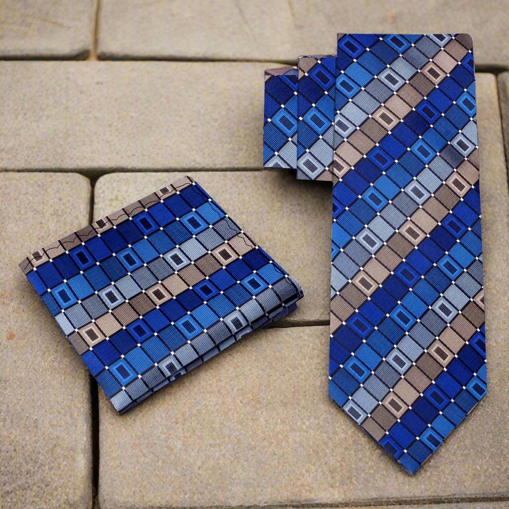 Alt View: A Blue, Grey Geometric Pattern Silk Necktie, Matching Pocket Square 