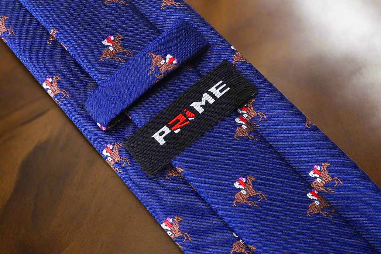 Blue, Brown, Red Racehorse and Jockey Silk Tie Showing Tie Keep