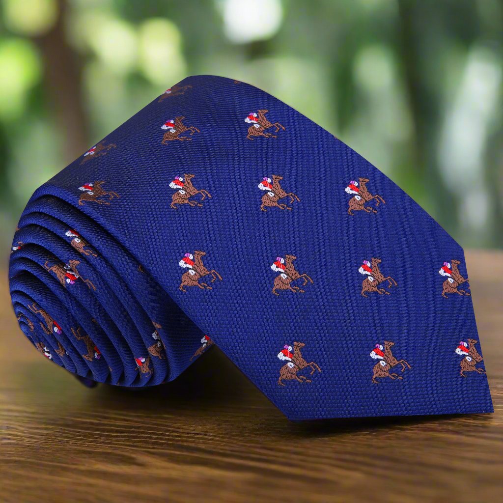 Blue, Brown, Red Racehorse and Jockey Silk Necktie