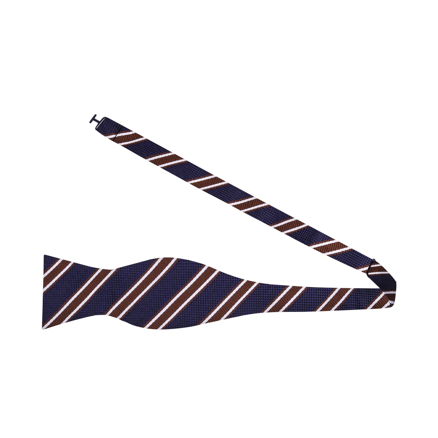 Untied View: A Dark Blue, Brown, White Stripe Pattern Silk Self Tie Bow Tie