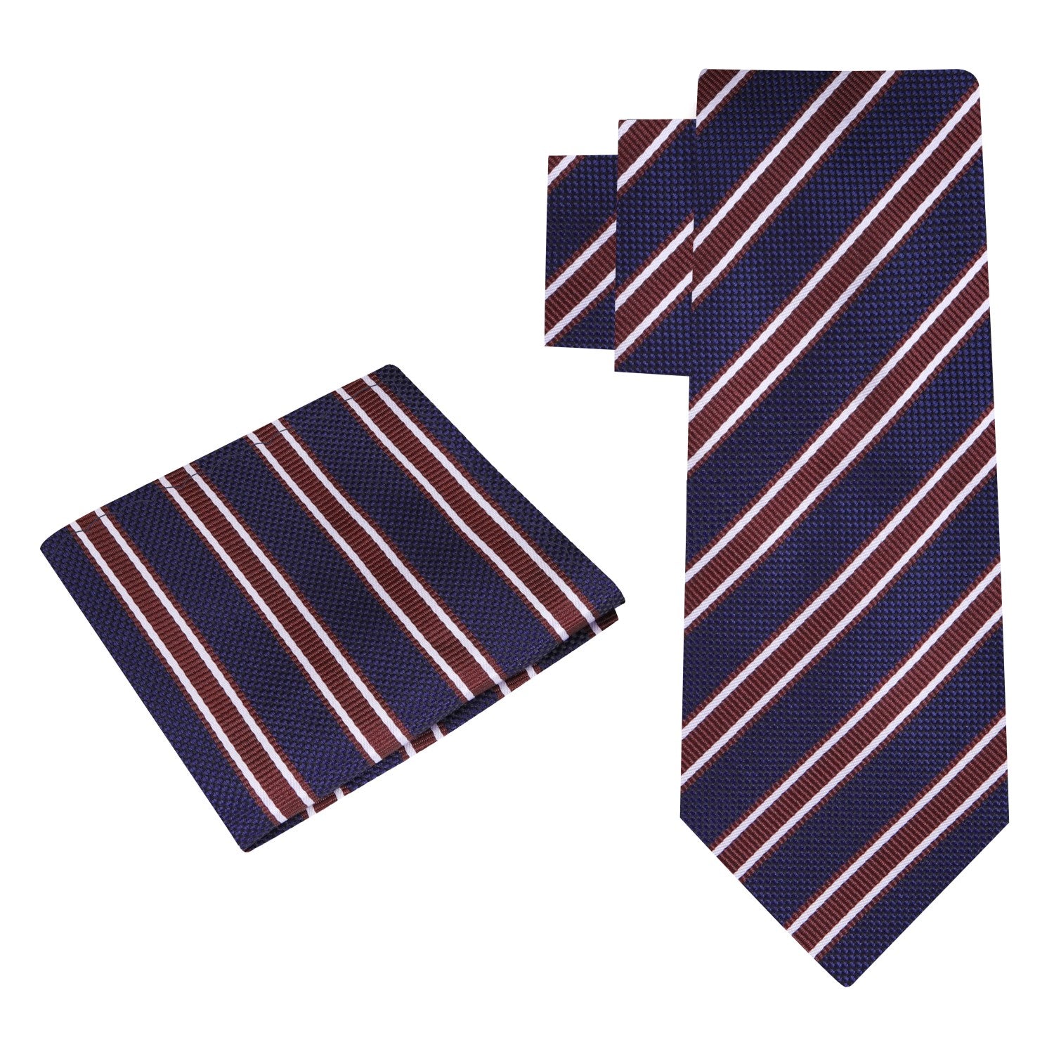 Alt View: A Dark Blue, Dark Brown, White Stripe Pattern Silk Necktie, Pocket Square