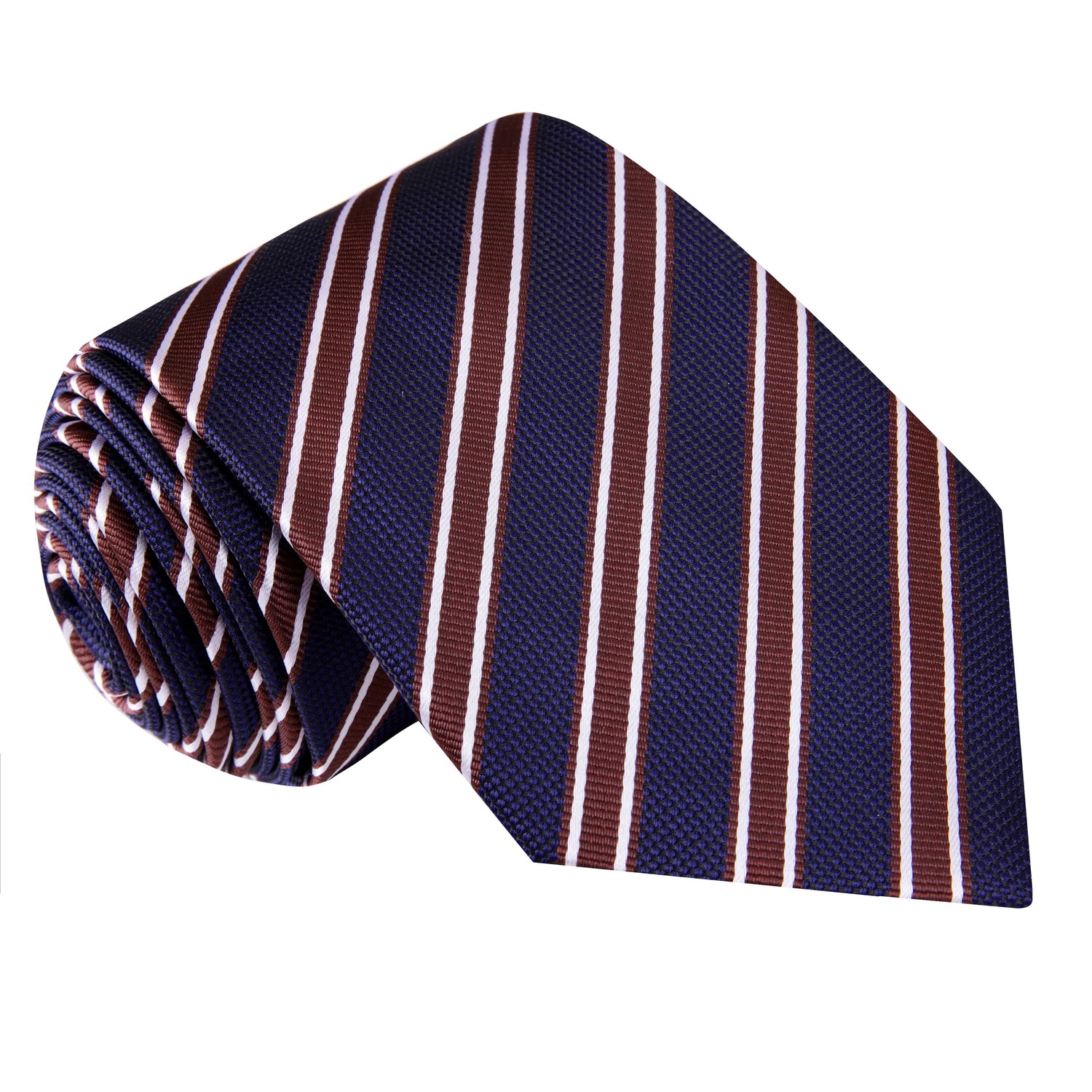 A Dark Blue, Dark Brown, White Stripe Pattern Silk Necktie 