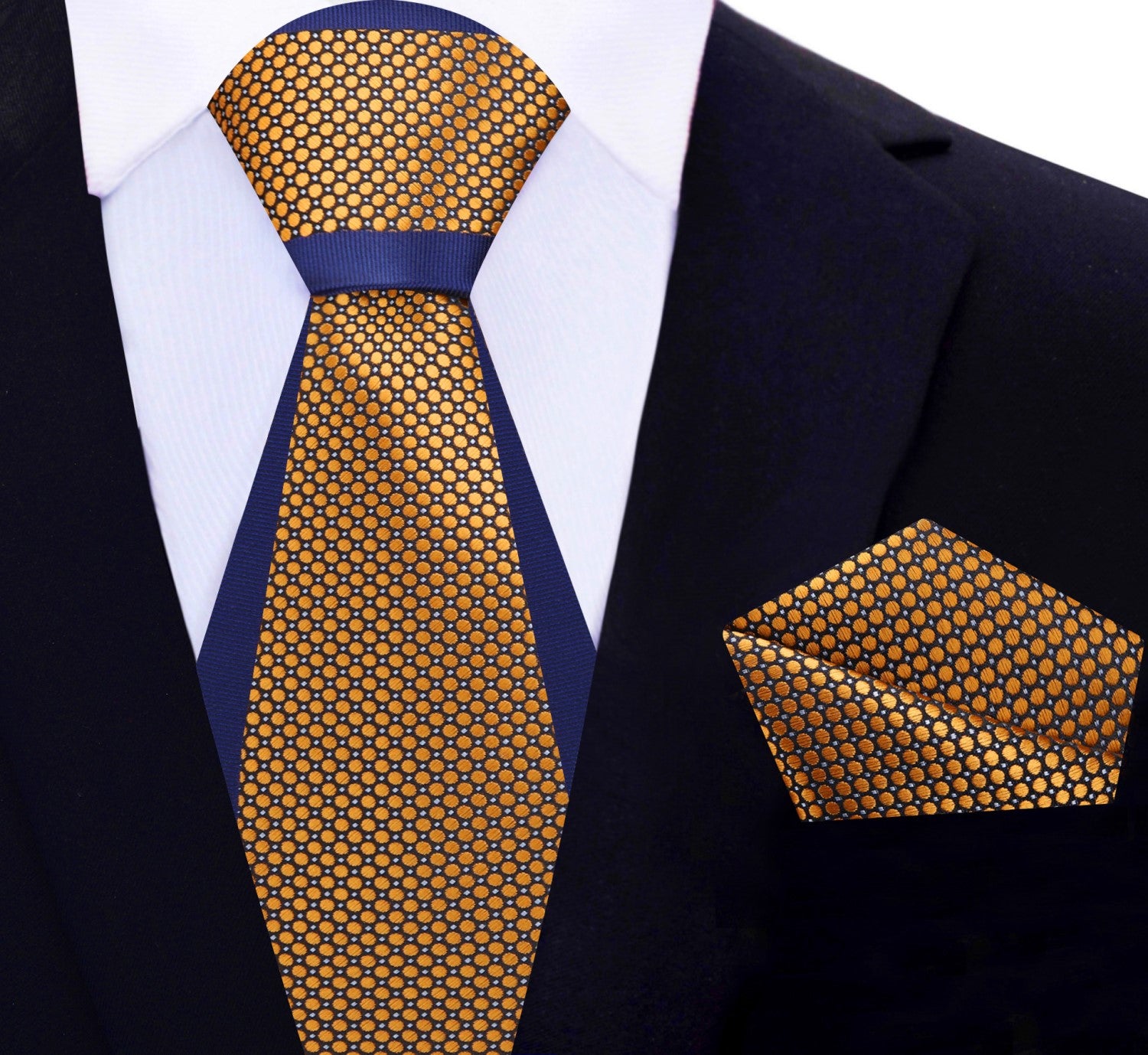 Blue, Gold Geometric Tie and Pocket Square Main View