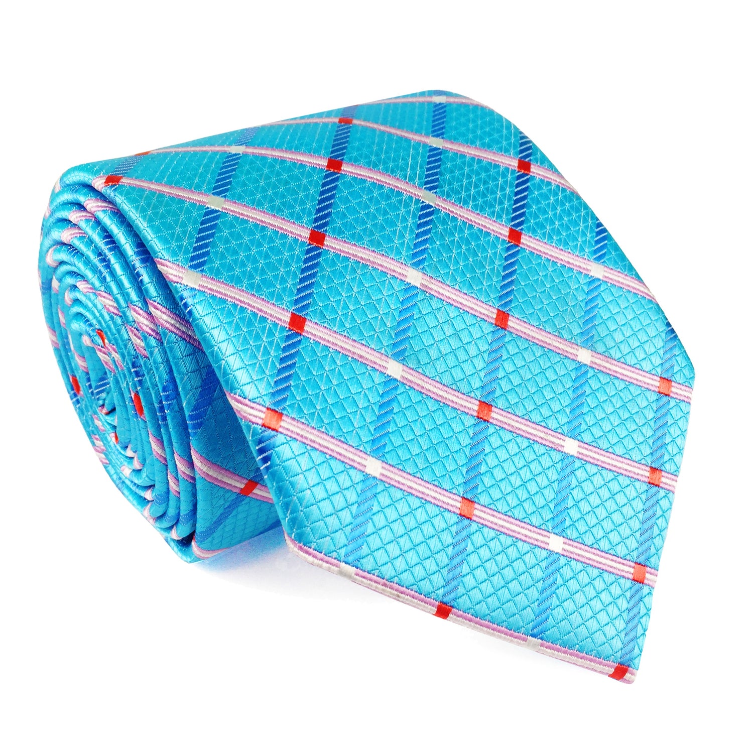 A Light Blue, Pink, Silver With Geometric Diamond Pattern And Small Checks Pattern Silk Necktie  