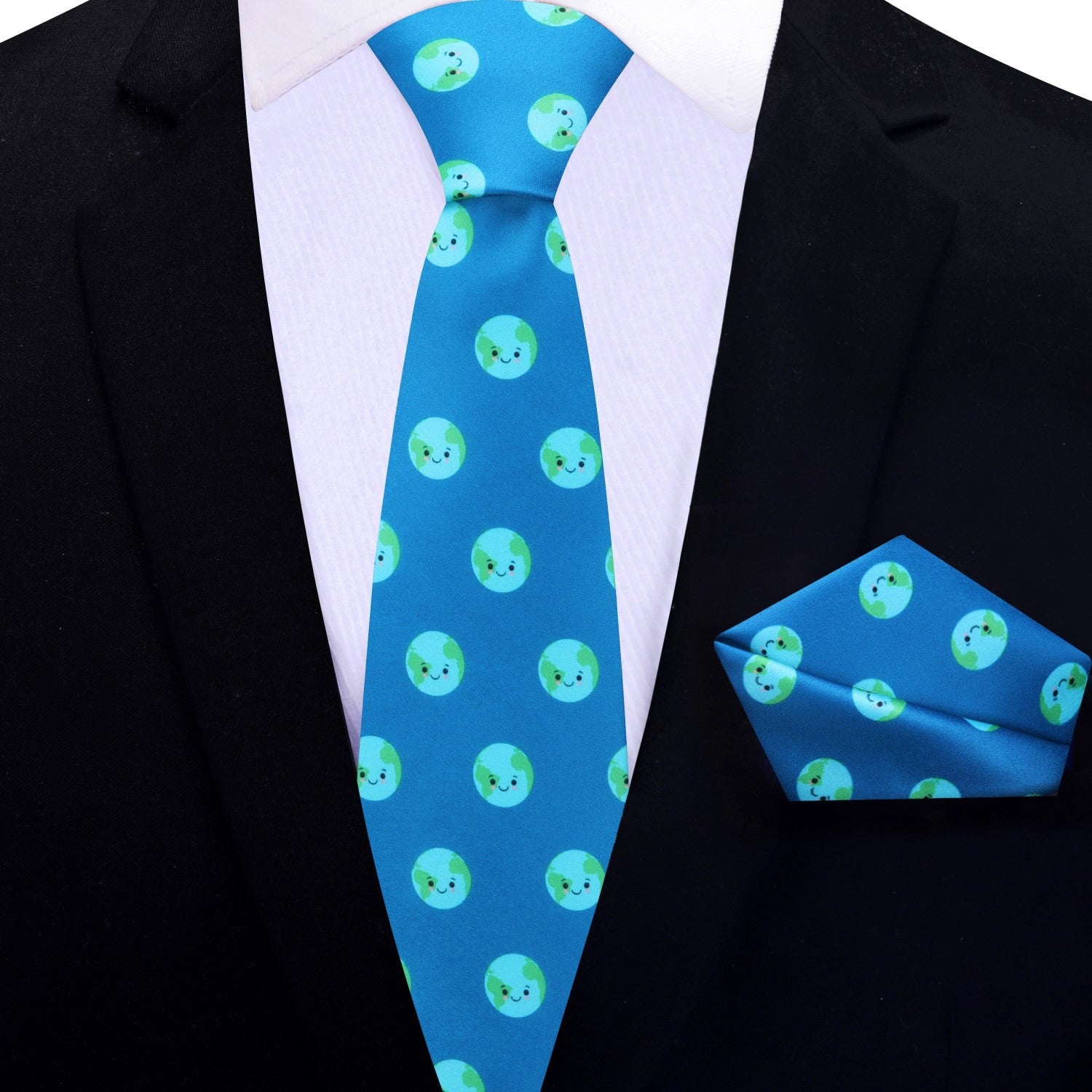 Thin Tie: Light Blue, Green Smiling Earth Tie and Pocket Square