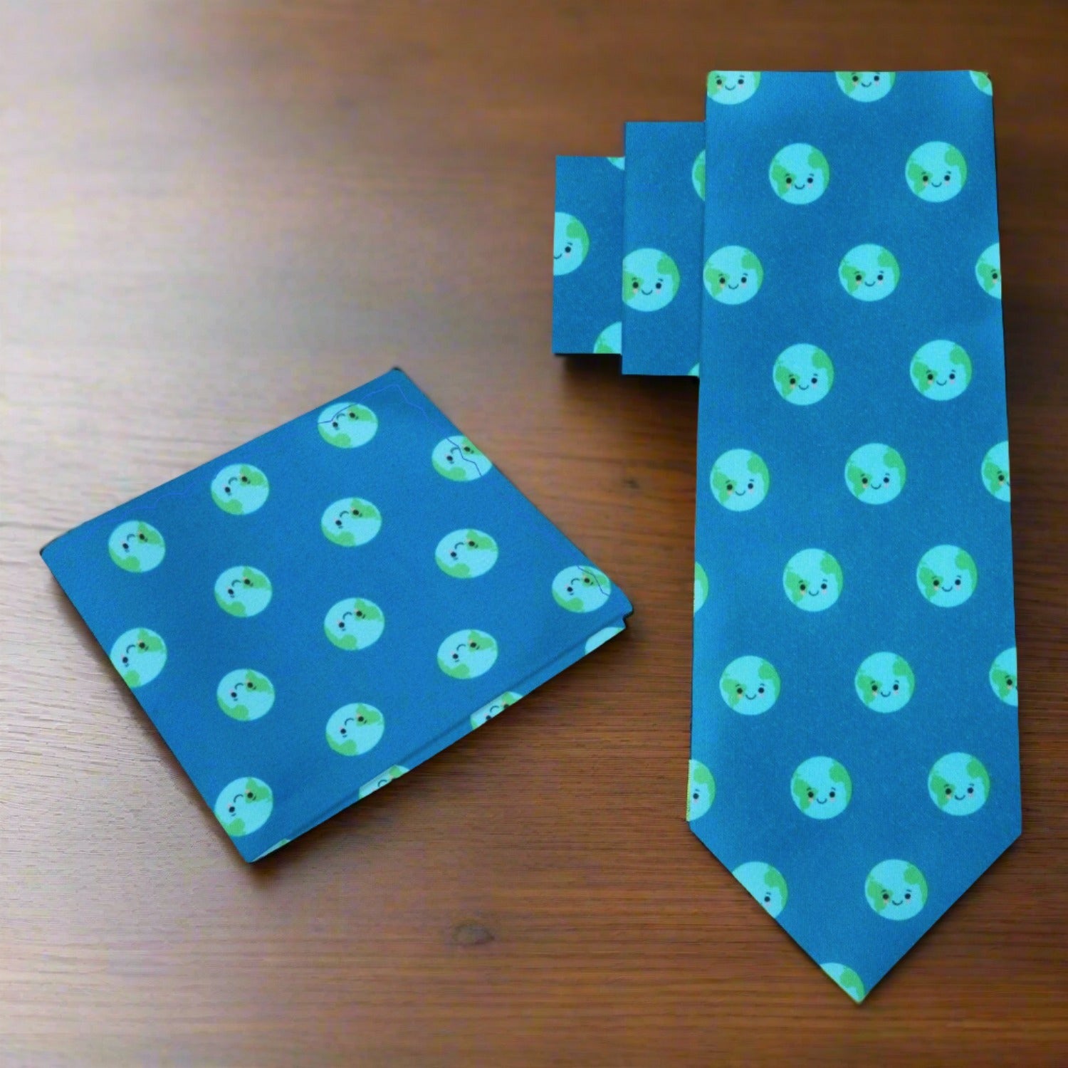 View 2: Light Blue, Green Smiling Earth Tie and Pocket Square