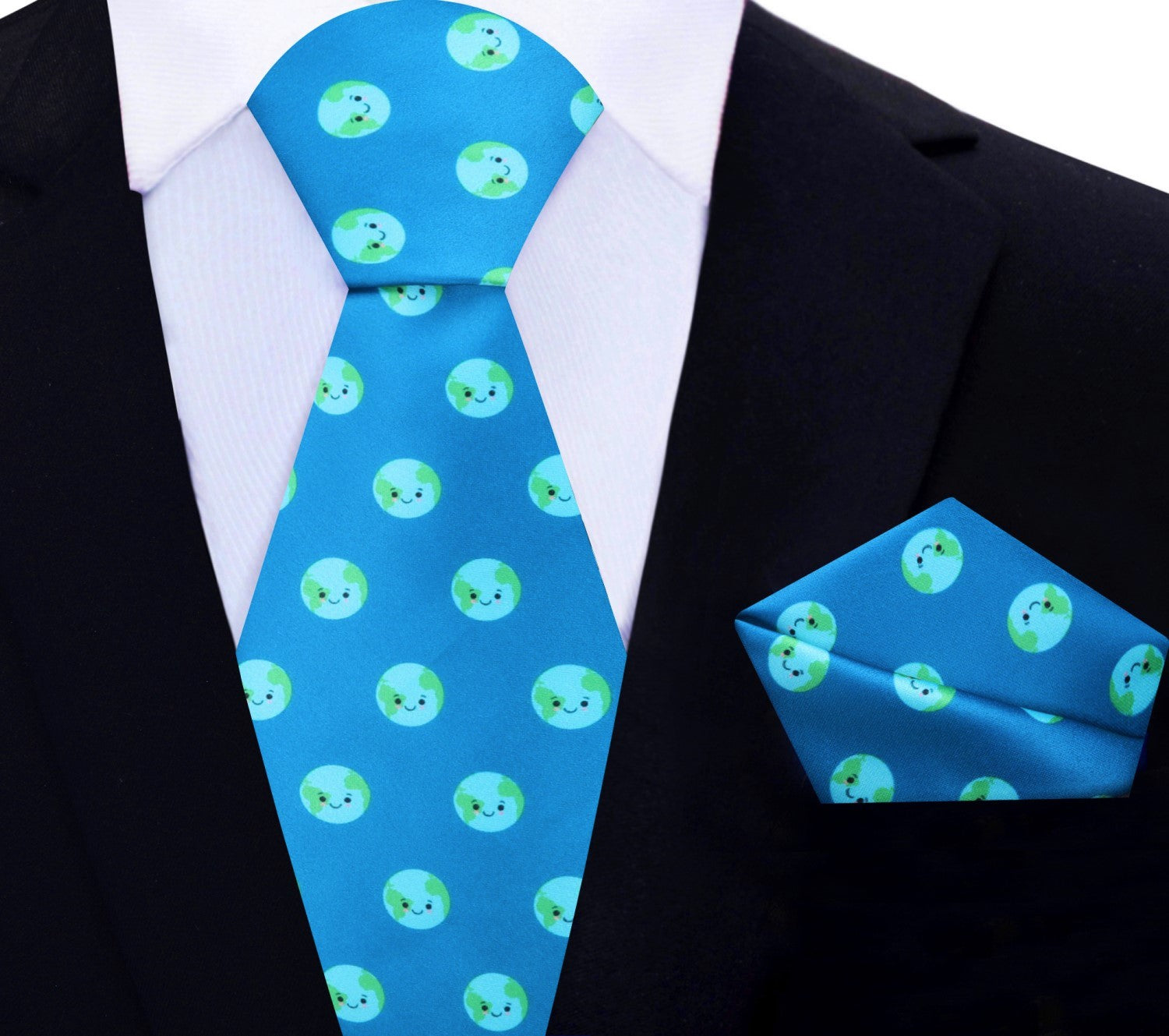 Alt View: Light Blue, Green Smiling Earth Tie and Pocket Square