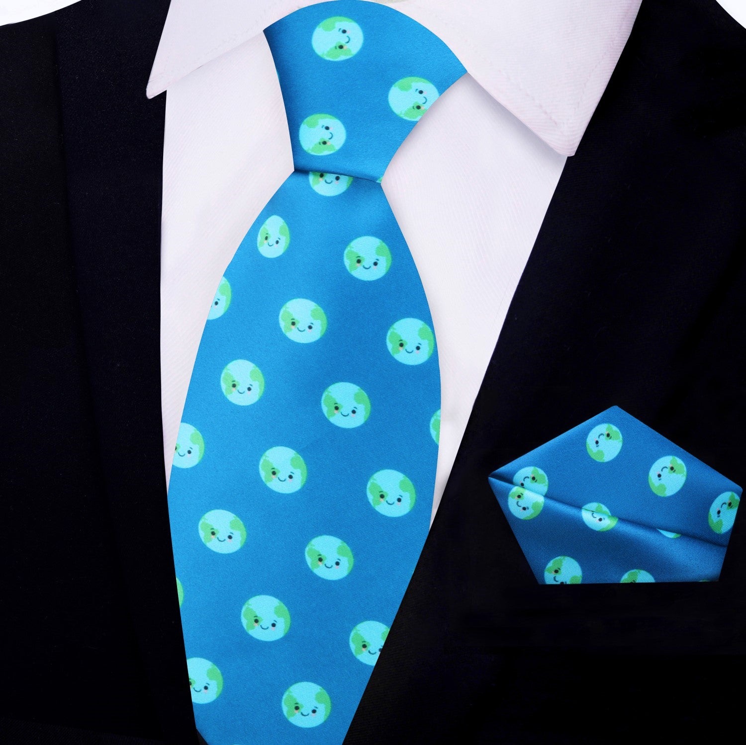 Main: Light Blue, Green Smiling Earth Tie and Pocket Square